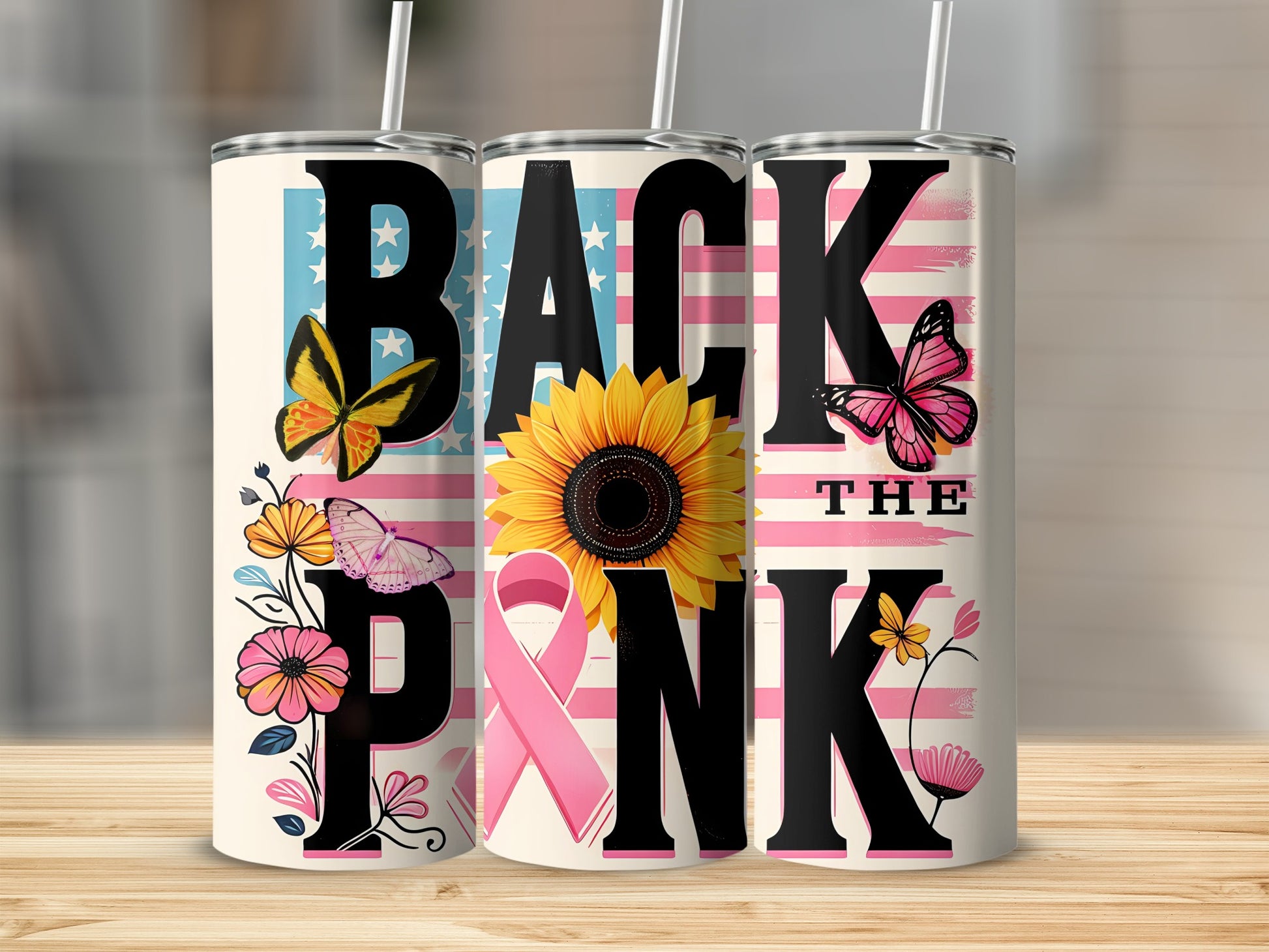 "Back the Pink" tumbler with butterflies, flowers, sunflower, and American flag accents.