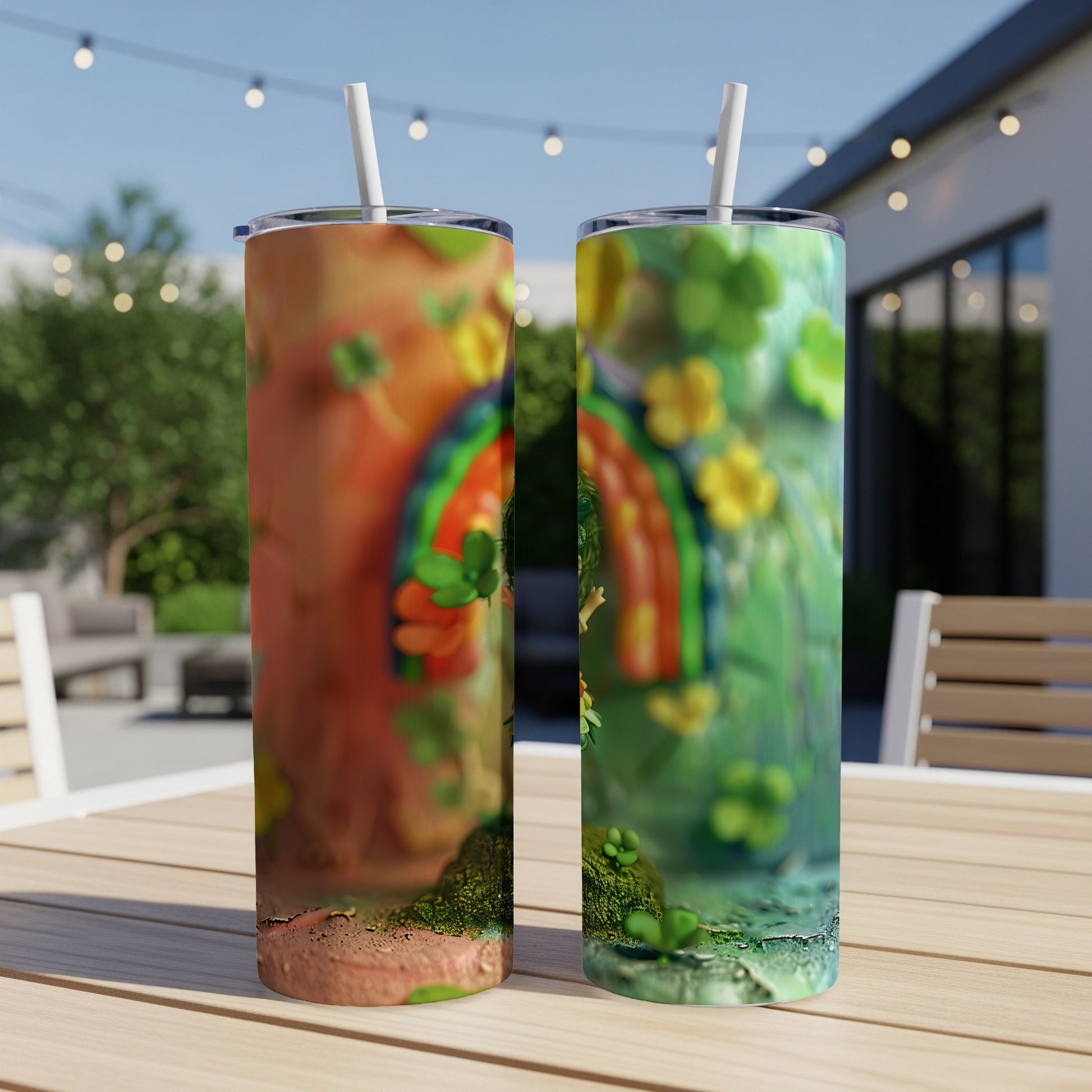 Two Saint Patrick's Day themed tumblers with shamrocks and rainbows on a table.