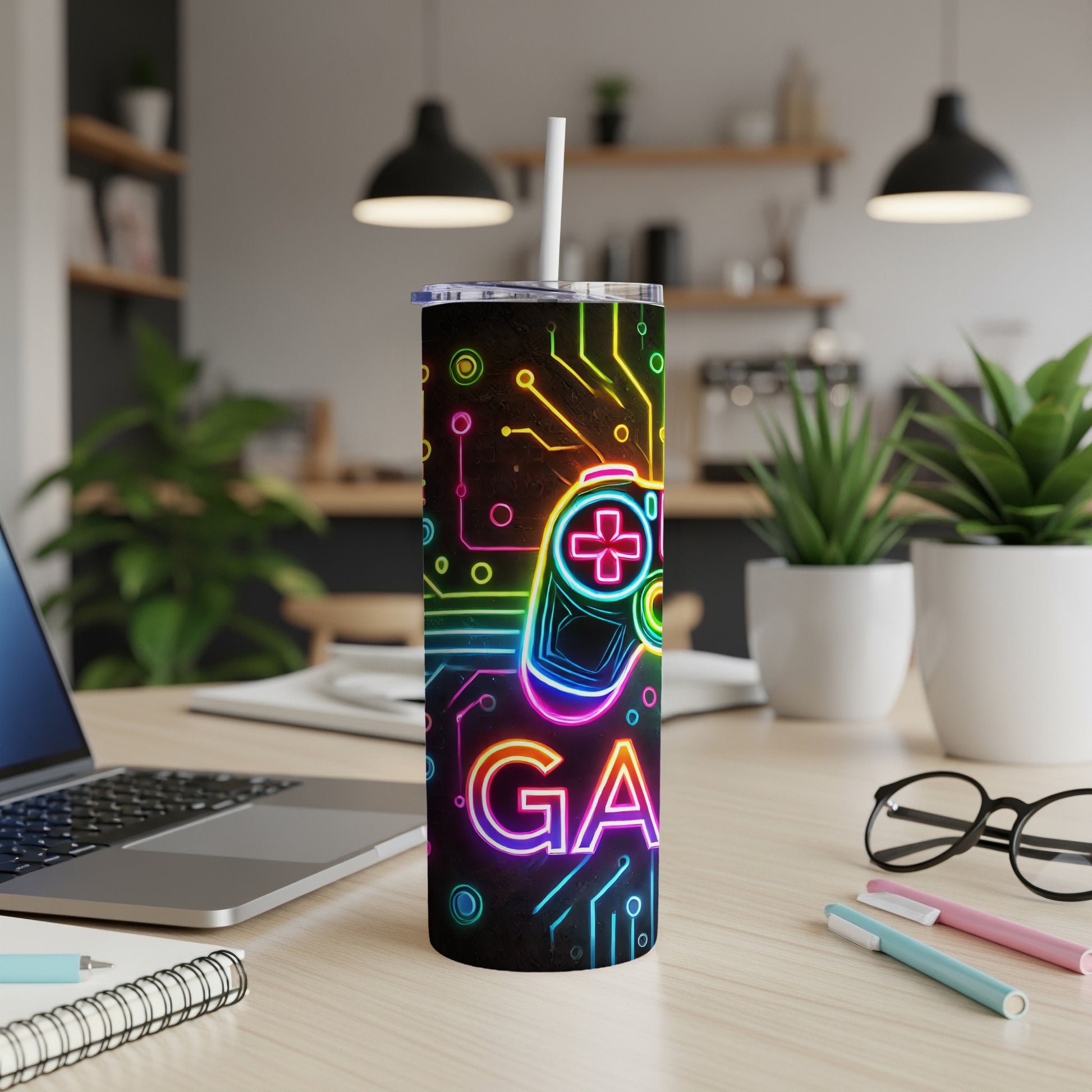 Gamer tumbler with neon controller and circuit board design.