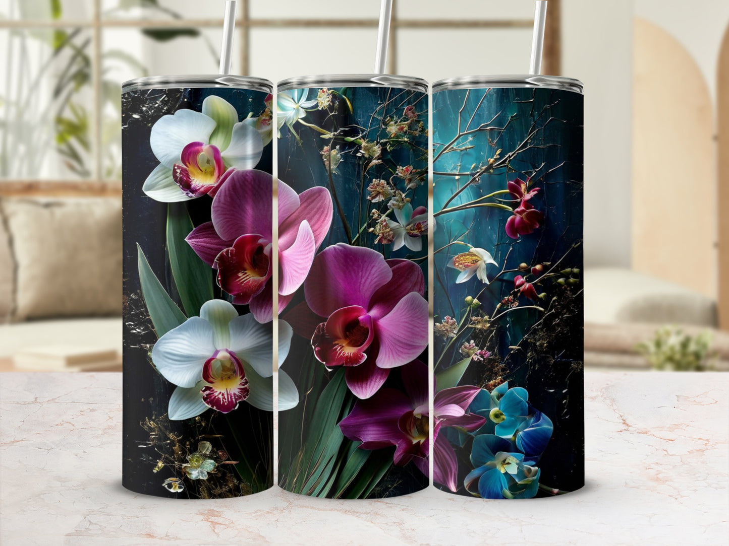 Three tumblers with a dark blue floral design featuring orchids and vines.