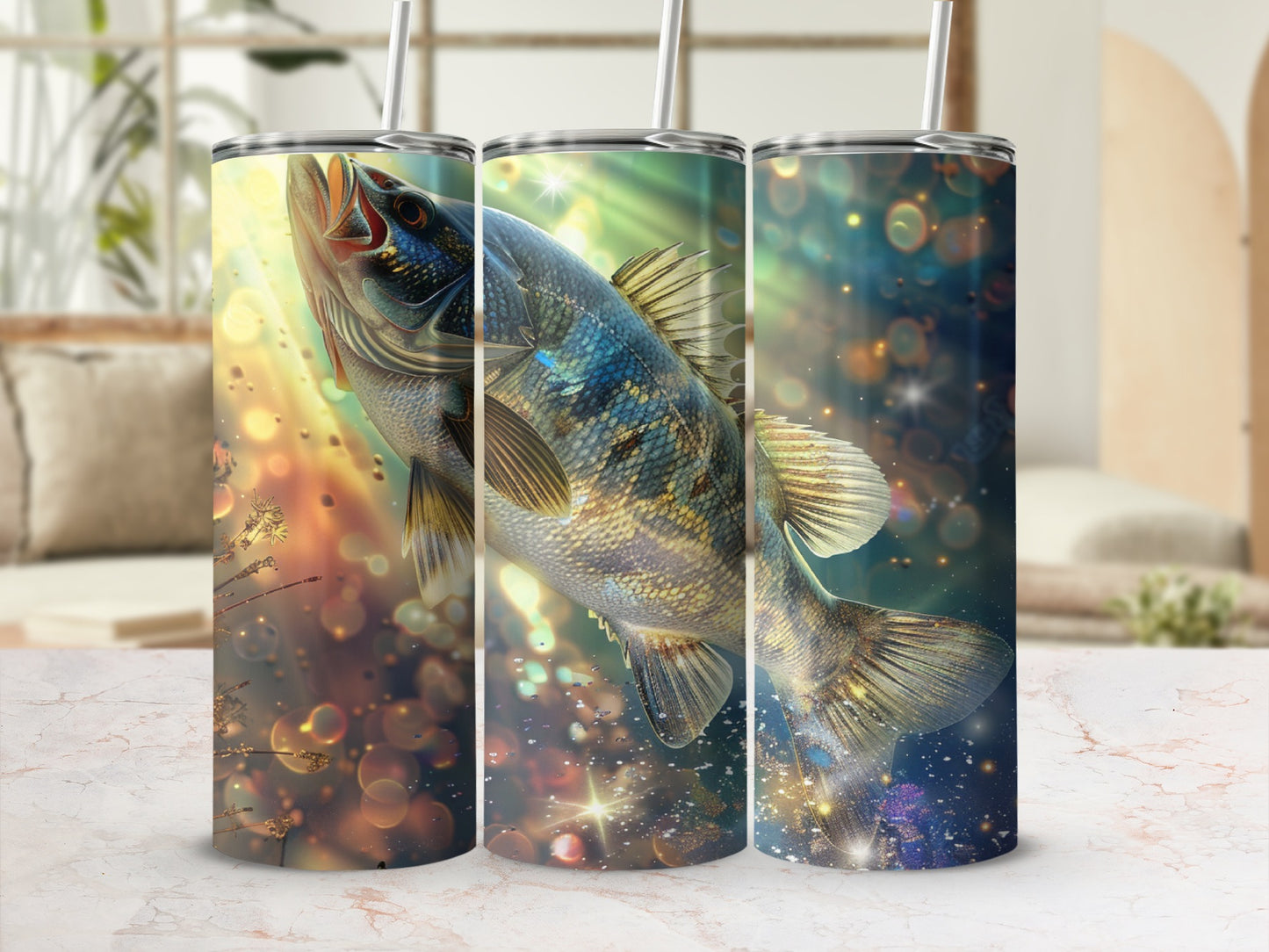 Largemouth bass jumping from sparkly water with bokeh background.
