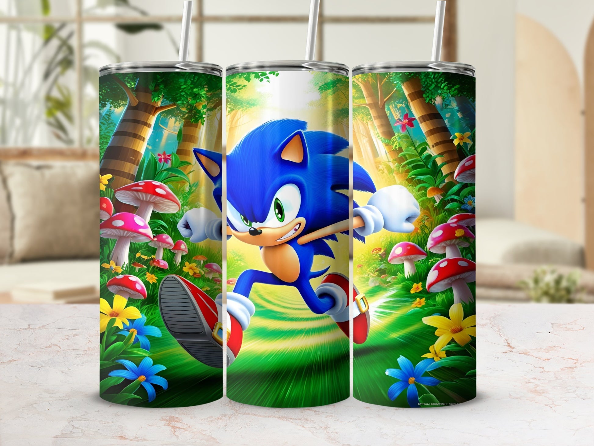 Sonic the Hedgehog running through a colorful forest with mushrooms and flowers.