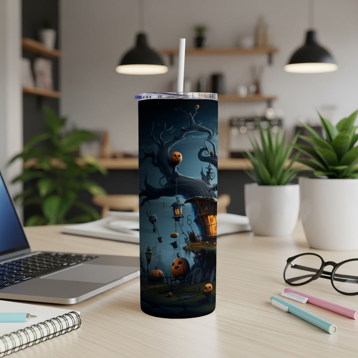 Tumbler with Halloween spooky tree, pumpkins, and lanterns design.