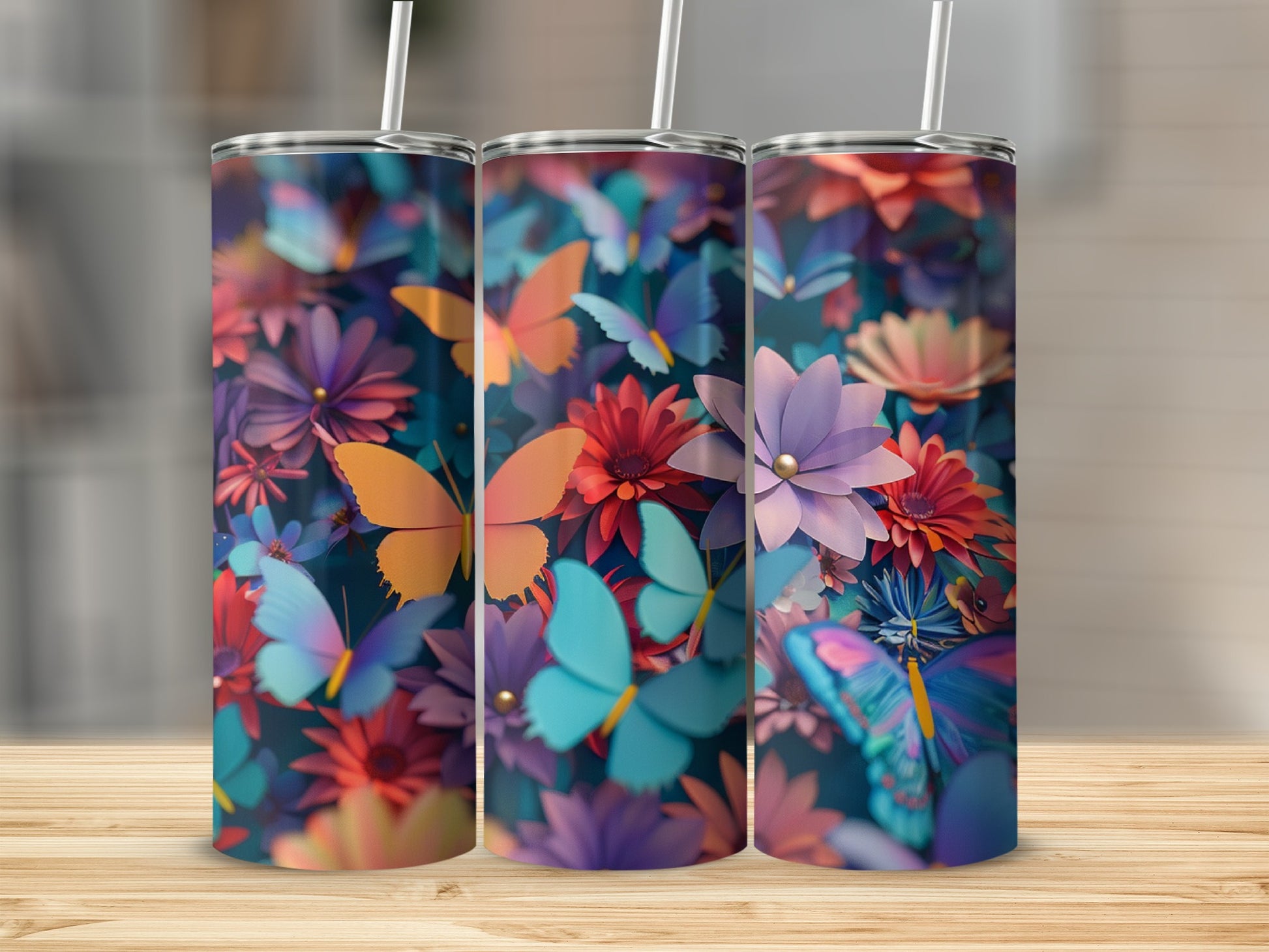 Three tumblers with colorful floral and butterfly designs.