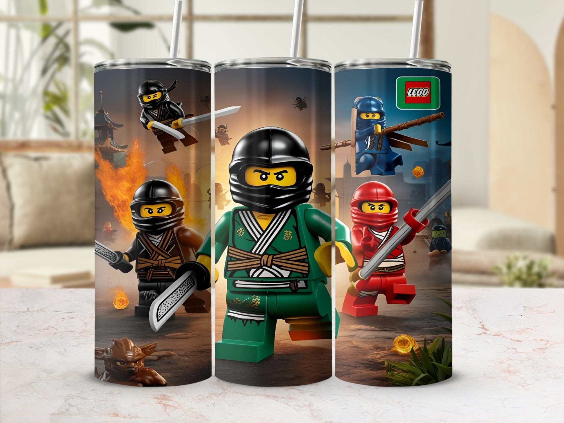 Three Lego Ninjago characters with swords and shields, standing with flames.