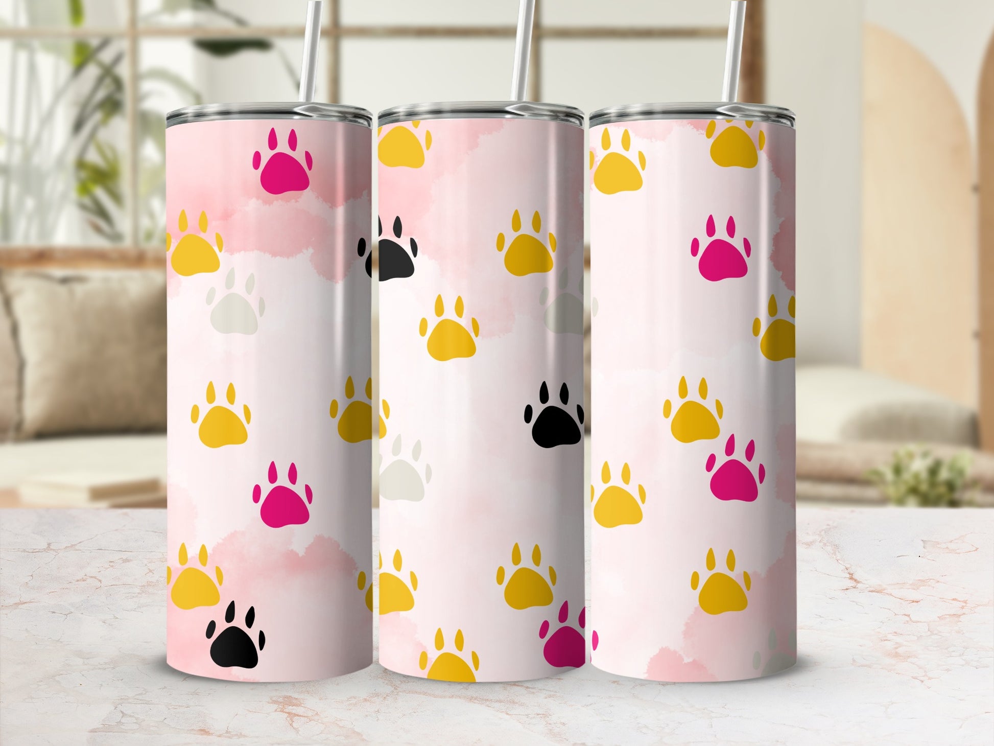 Colorful Paw Print Tumbler with Straw 20oz Tumbler