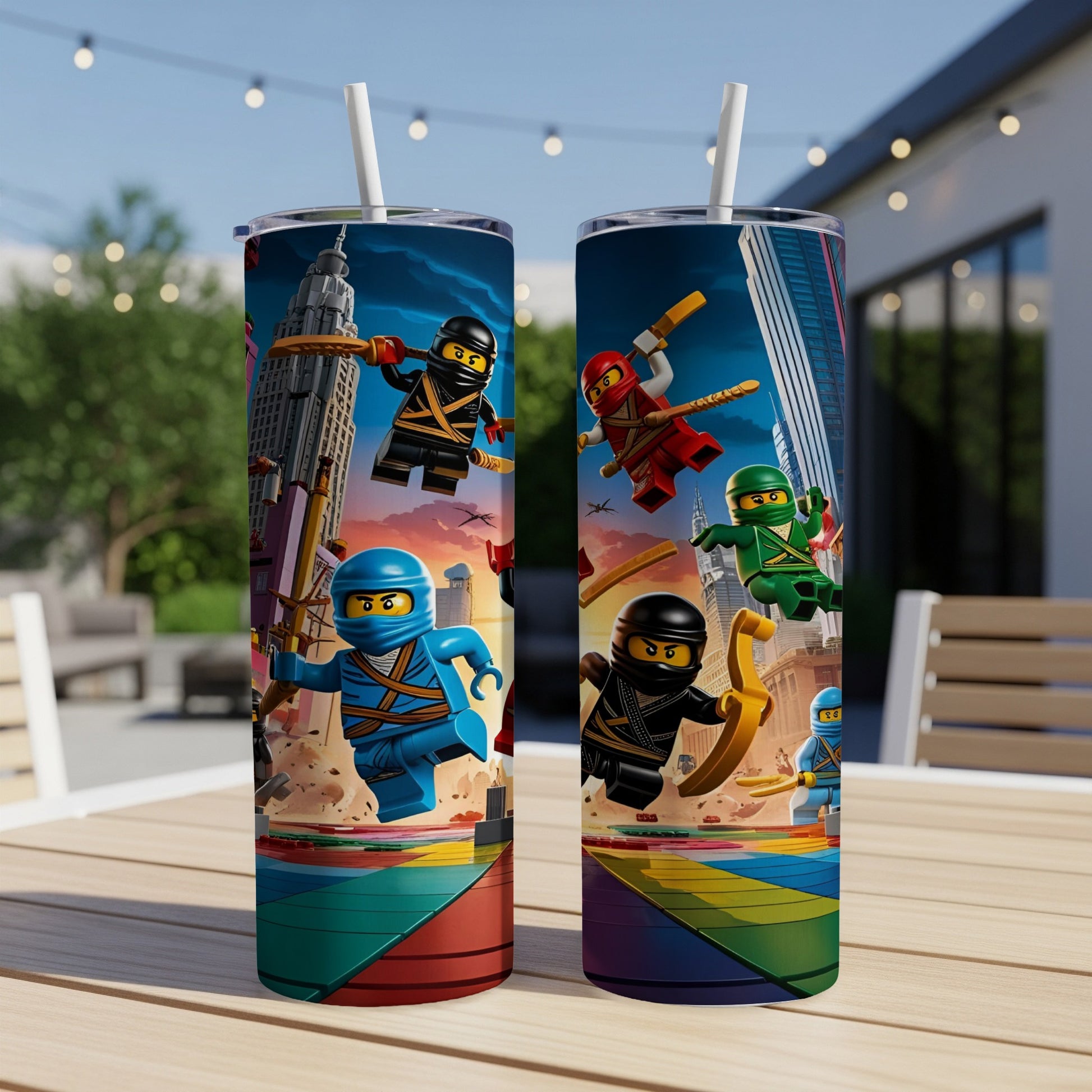 Ninjago characters battling on a colorful cityscape background.