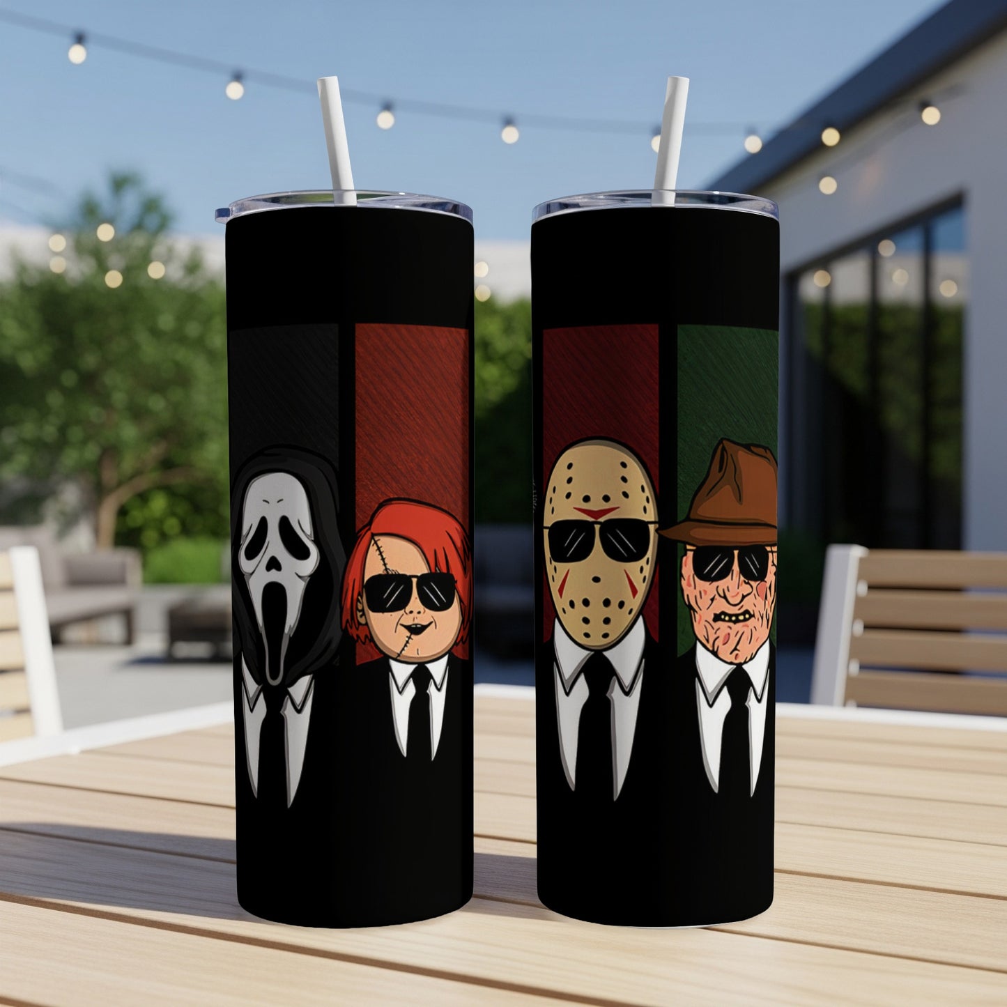 Four horror movie villains in black suits with sunglasses on tumblers.