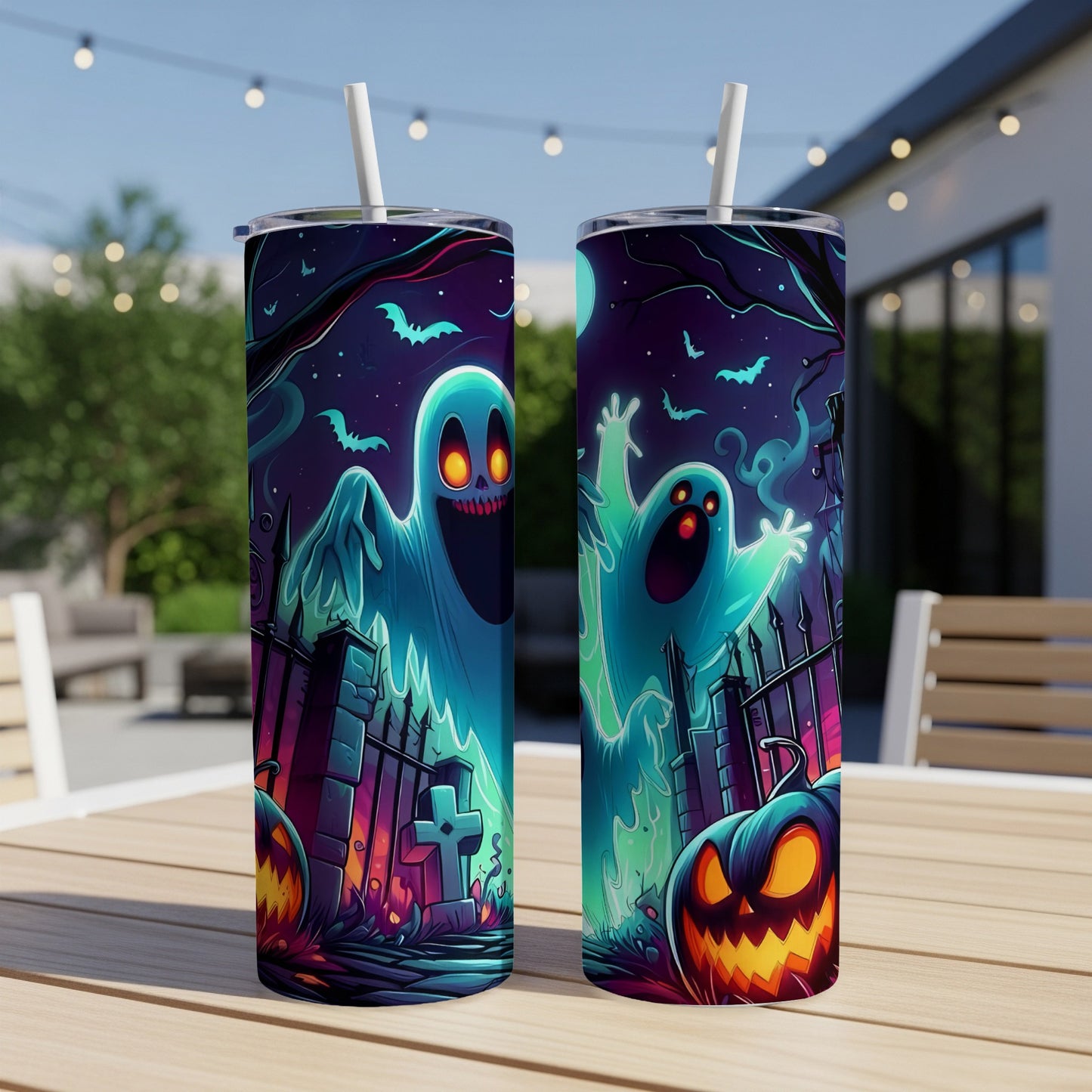 Two tumblers with spooky Halloween ghost and pumpkin designs on a table.