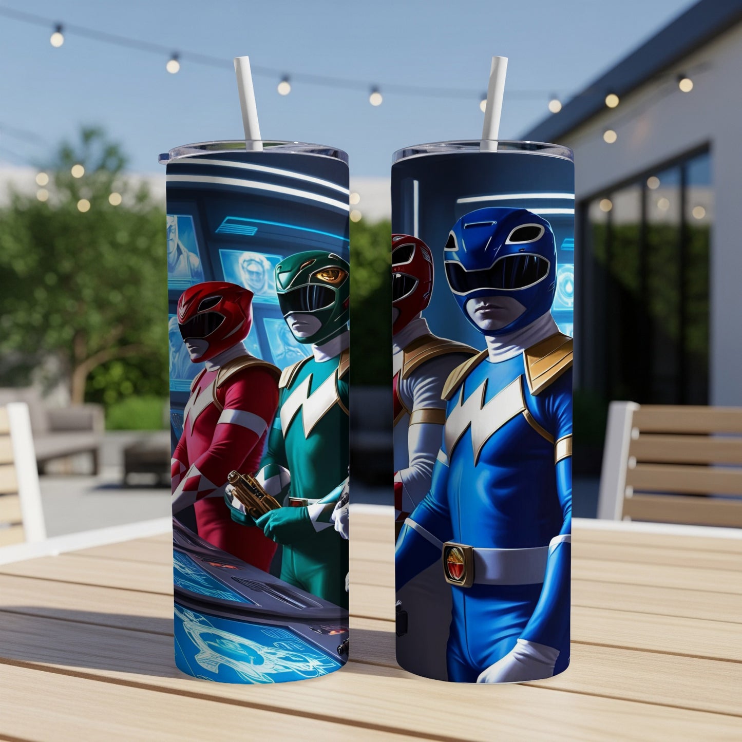 Red, green, and blue Power Rangers standing together.