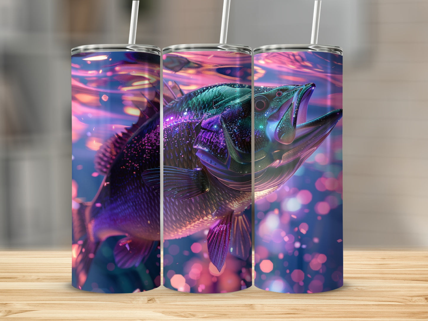 Fish design on a tumbler, underwater with bokeh lights.