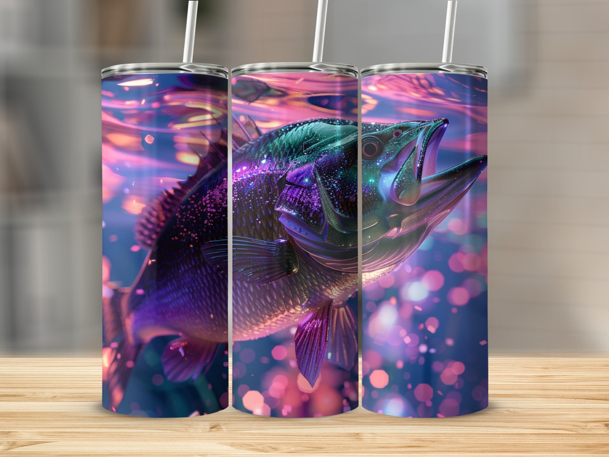 Fish design on a tumbler, underwater with bokeh lights.