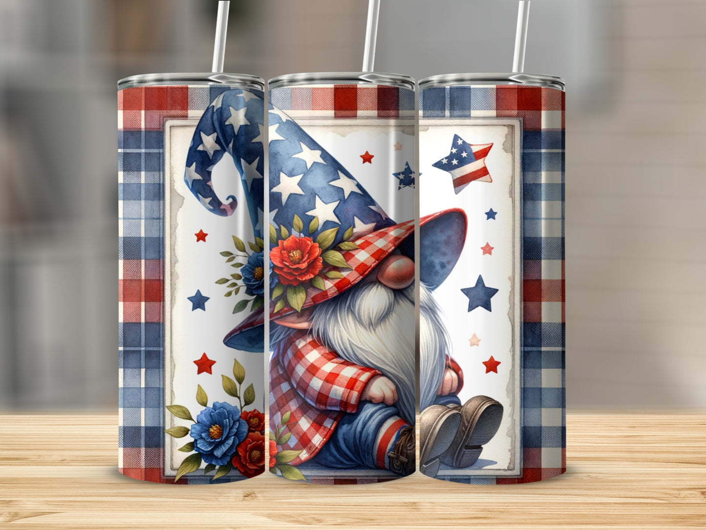 Gnome wearing patriotic hat and outfit with stars and flowers.