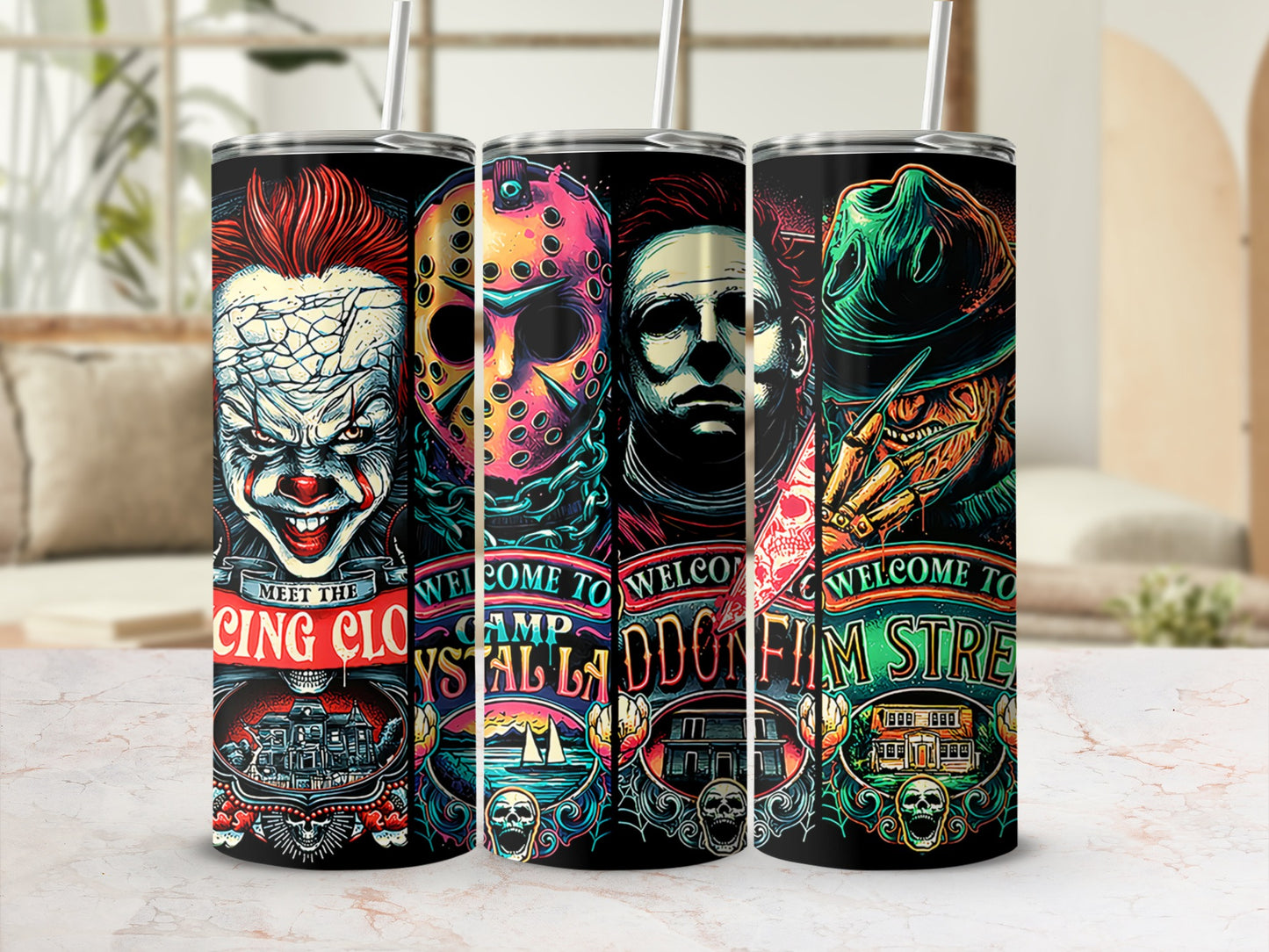 Horror movie icons on tumblers: Pennywise, Jason, Michael Myers, and Freddy Krueger.