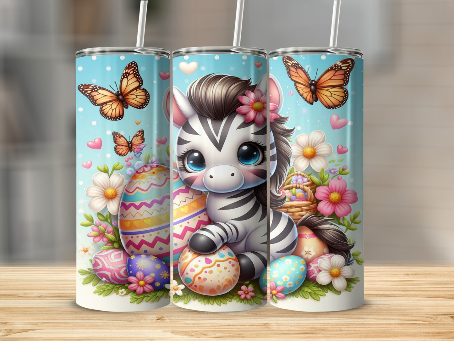 Cute cartoon zebra with Easter eggs and butterflies on a blue tumbler.