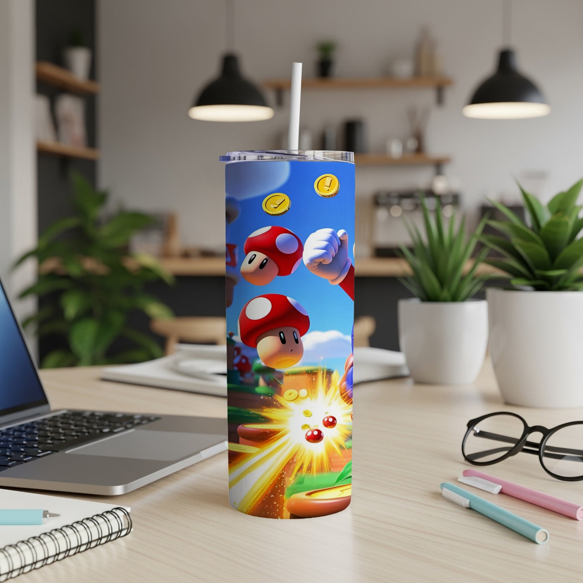 Super Mario themed tumbler with mushrooms, coins, and Bowser's minions.
