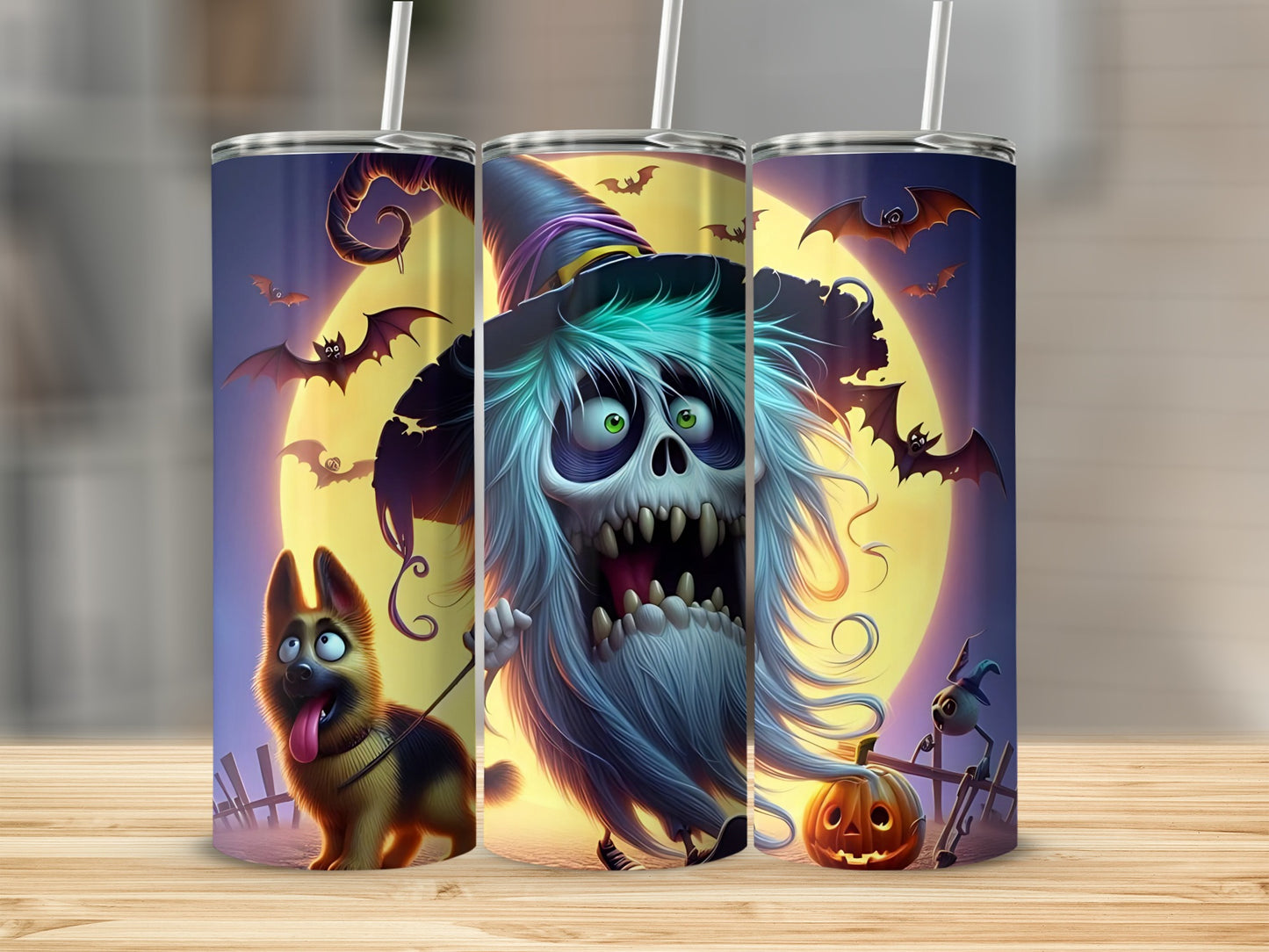 Three Halloween tumblers featuring a spooky ghost, a German Shepherd, and a pumpkin against a moonlit sky.