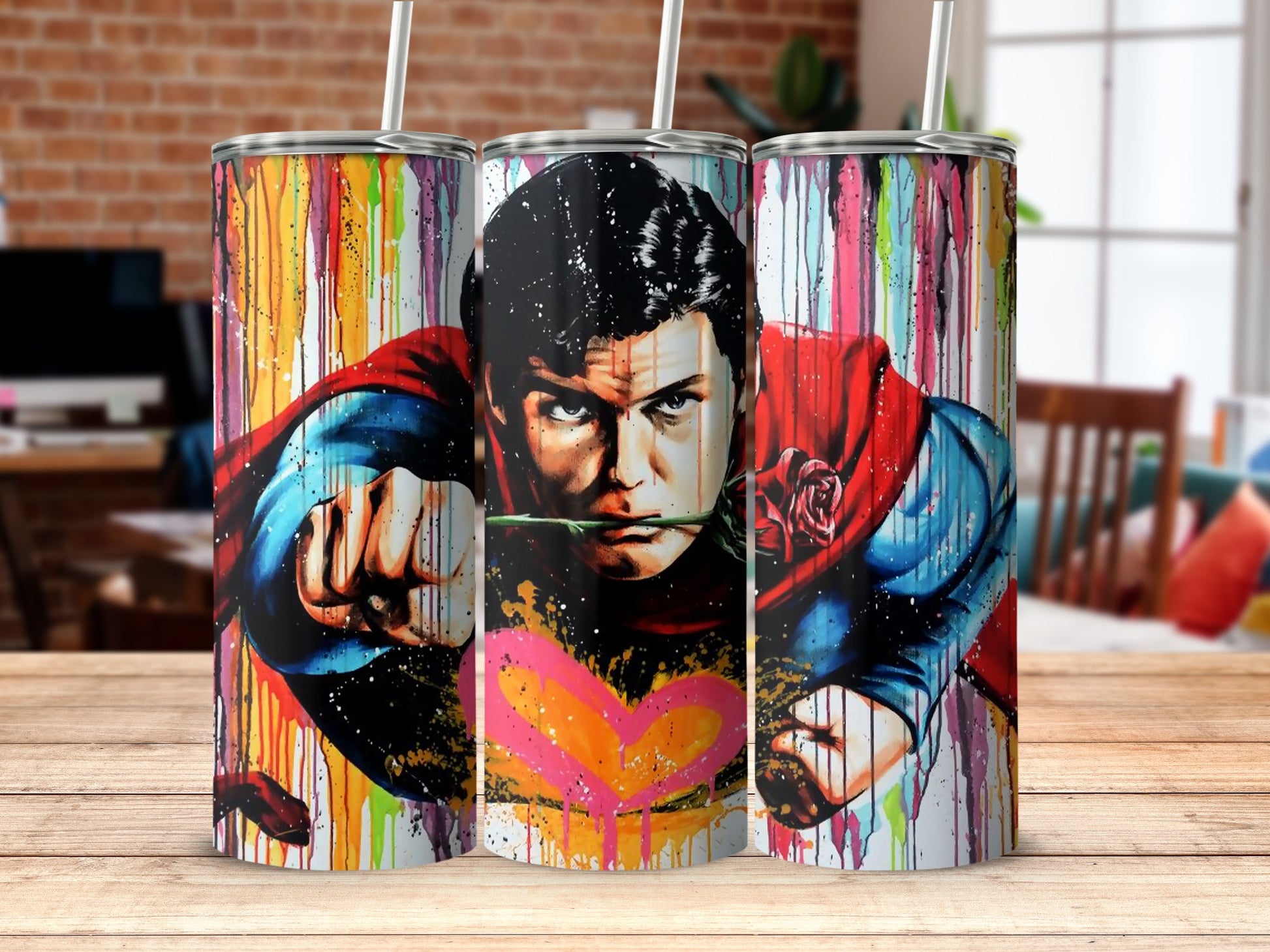 Heroic Flying Figure Rose Mouth Paint Drip Art Colorful Tumbler