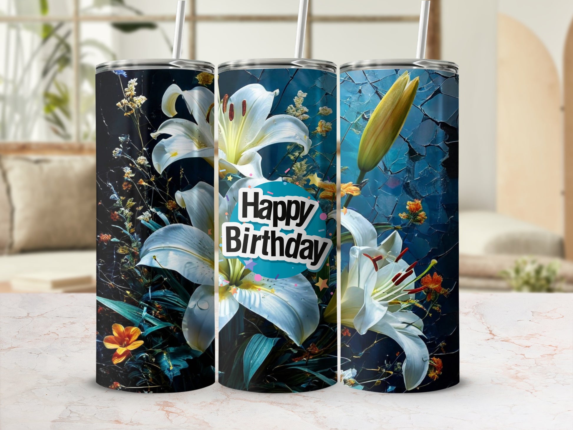 Floral birthday tumbler with white lilies and orange flowers.