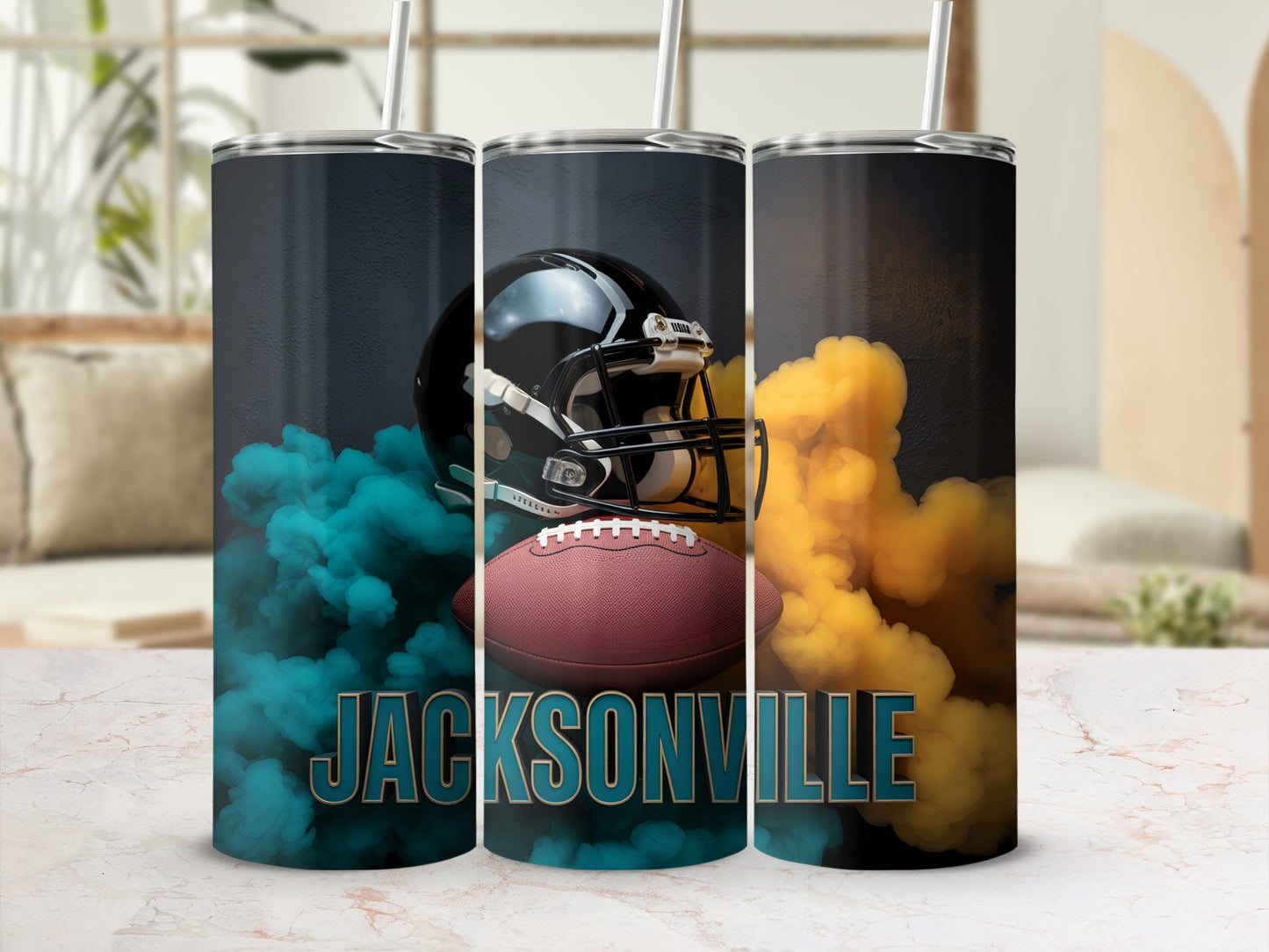Jacksonville Jaguars football helmet with teal and orange smoke.