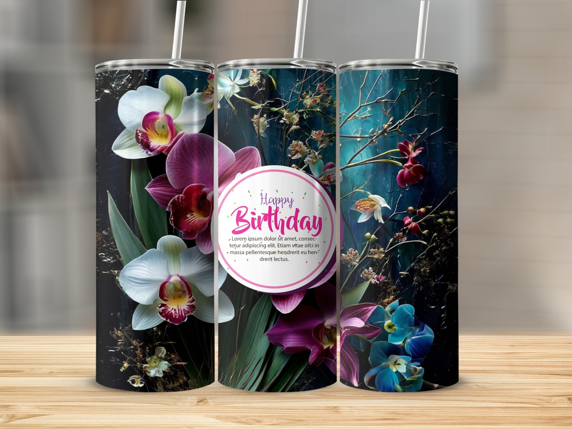 Tumbler with pink and white orchids, and "Happy Birthday" text.