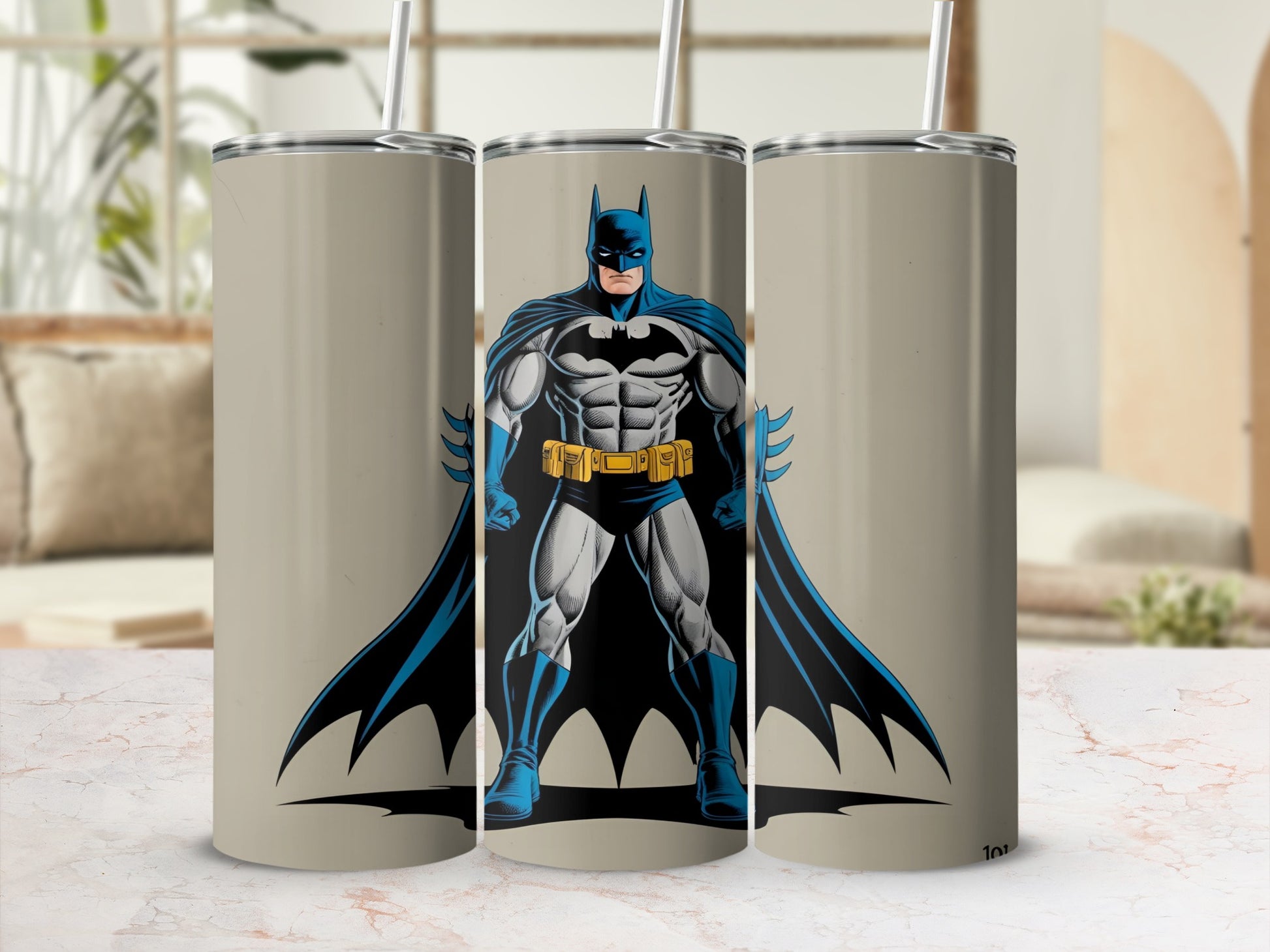 Batman standing with cape outstretched on a tan background.