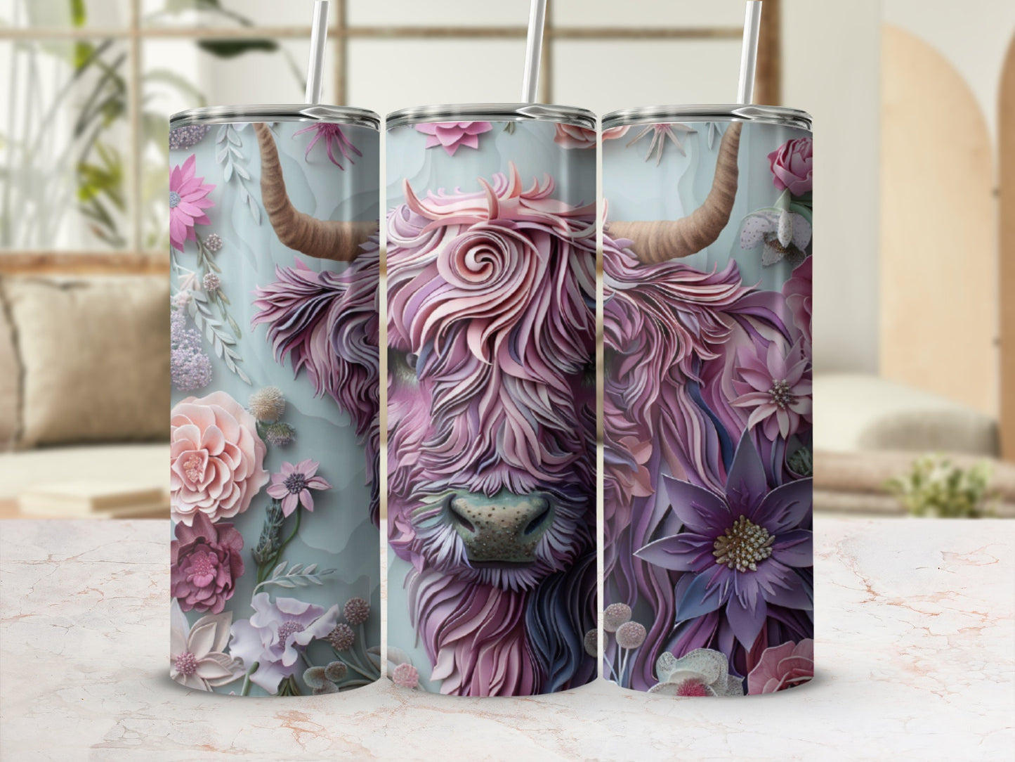 Pink Highland cow with floral accents on a tumbler.