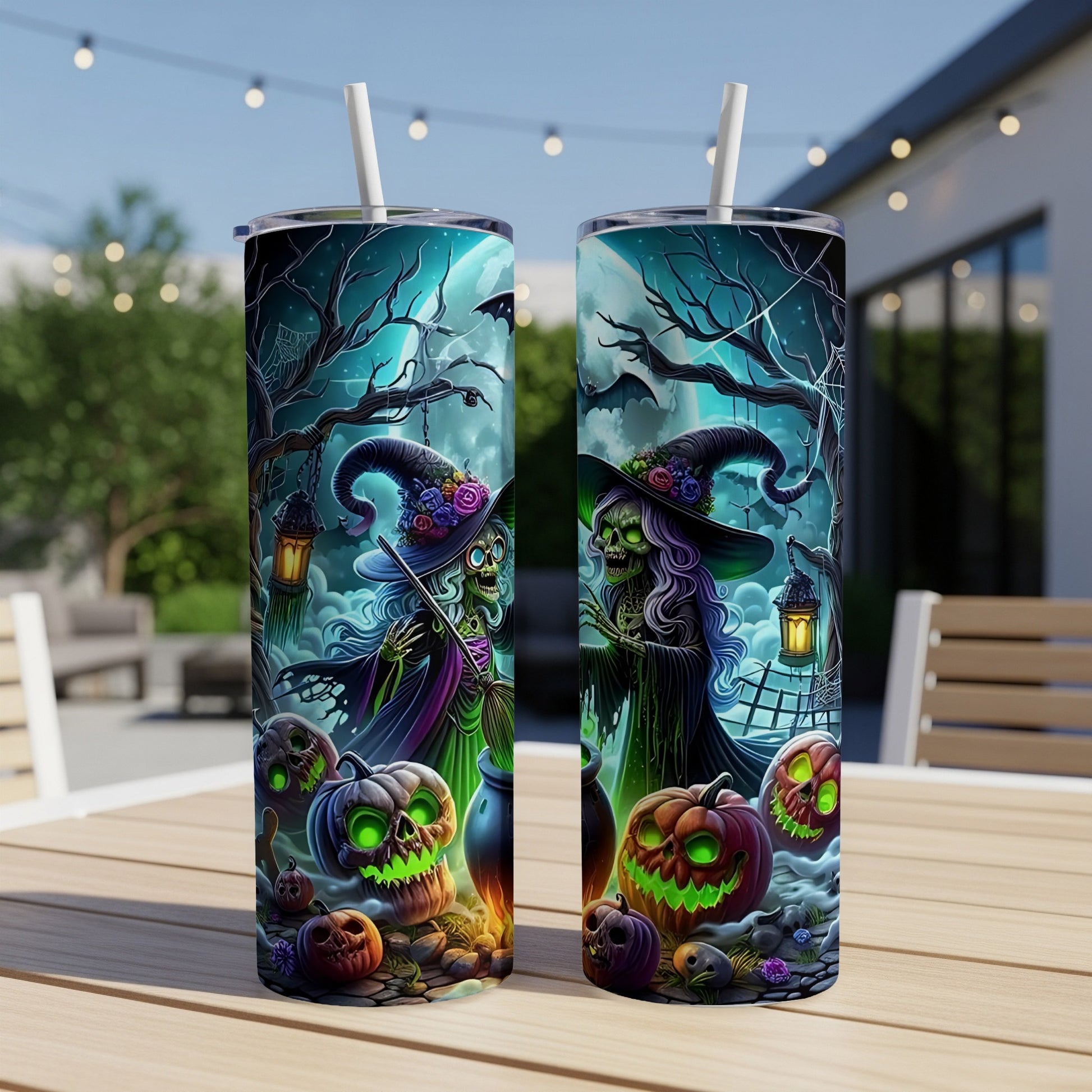 Two Halloween-themed tumblers with spooky witches and glowing pumpkins against a moonlit night sky.