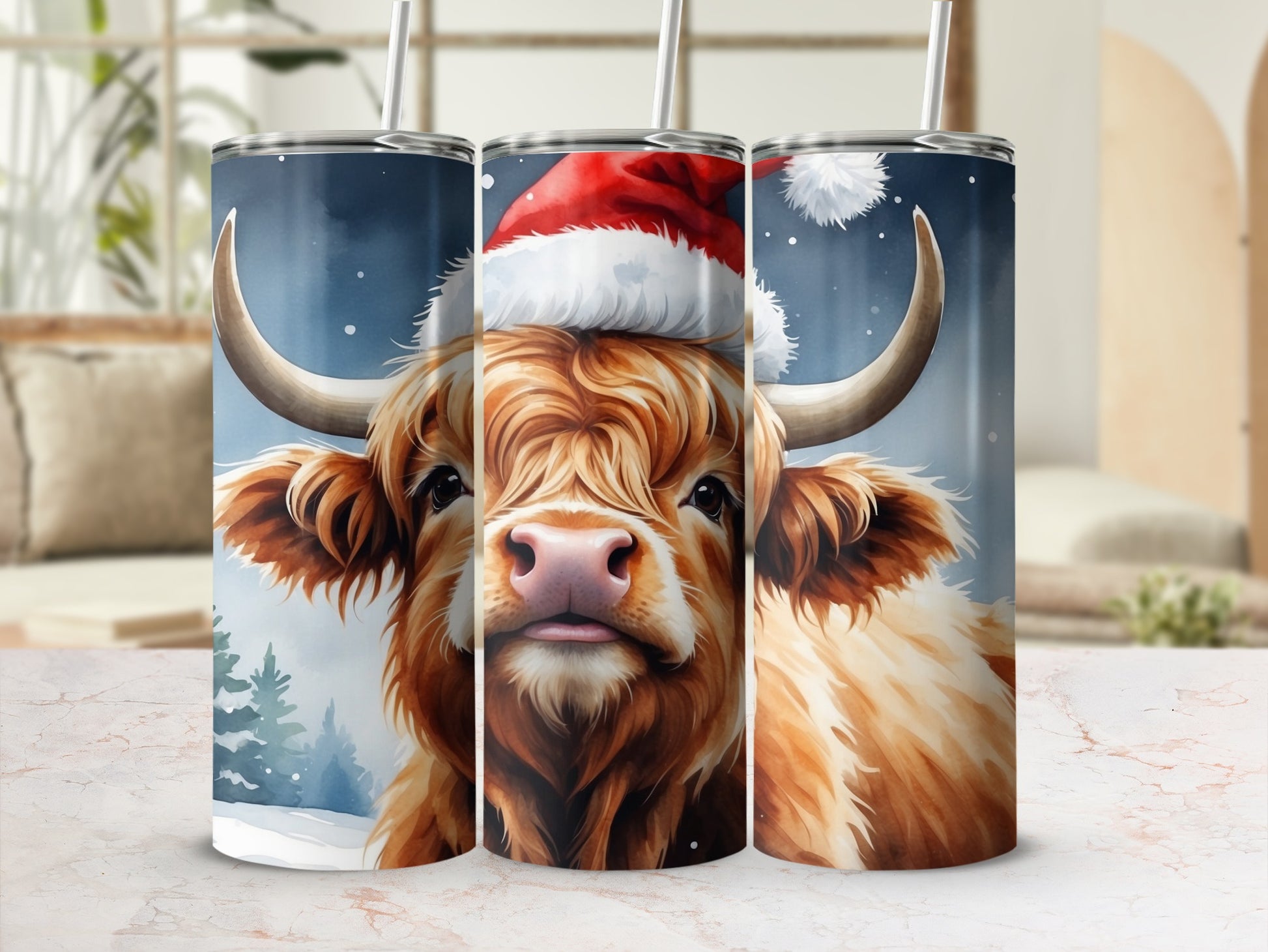 Highland cow wearing Santa hat, with snow and trees on a tumbler.