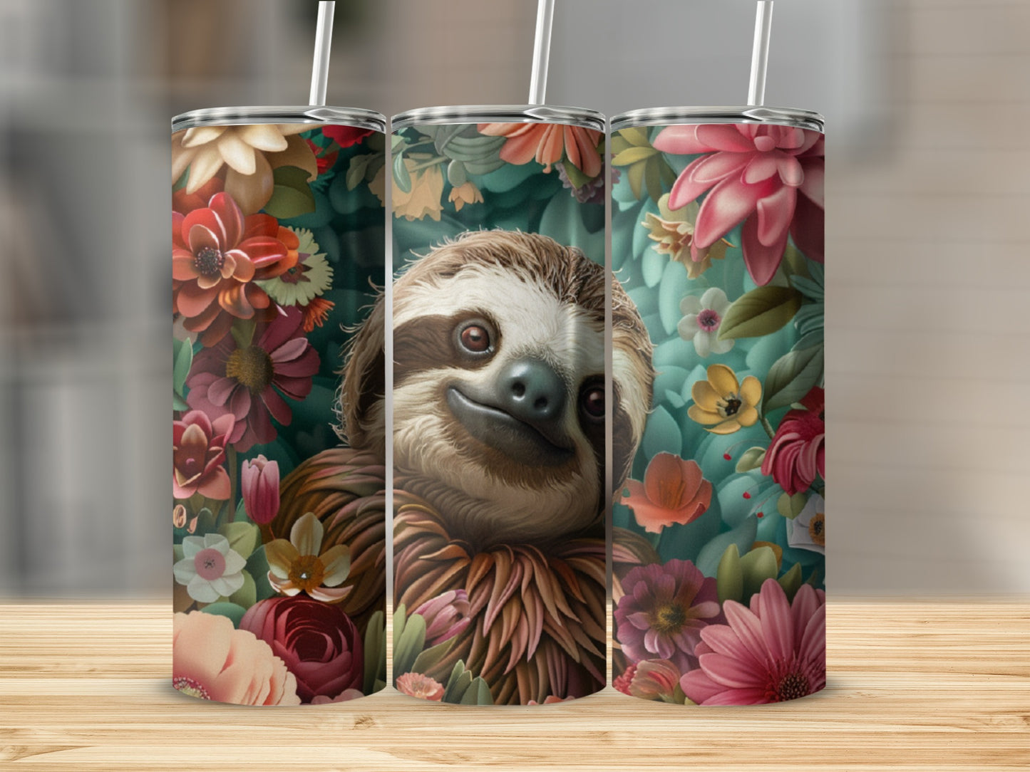Sloth peeking through vibrant floral arrangement on three tumblers.