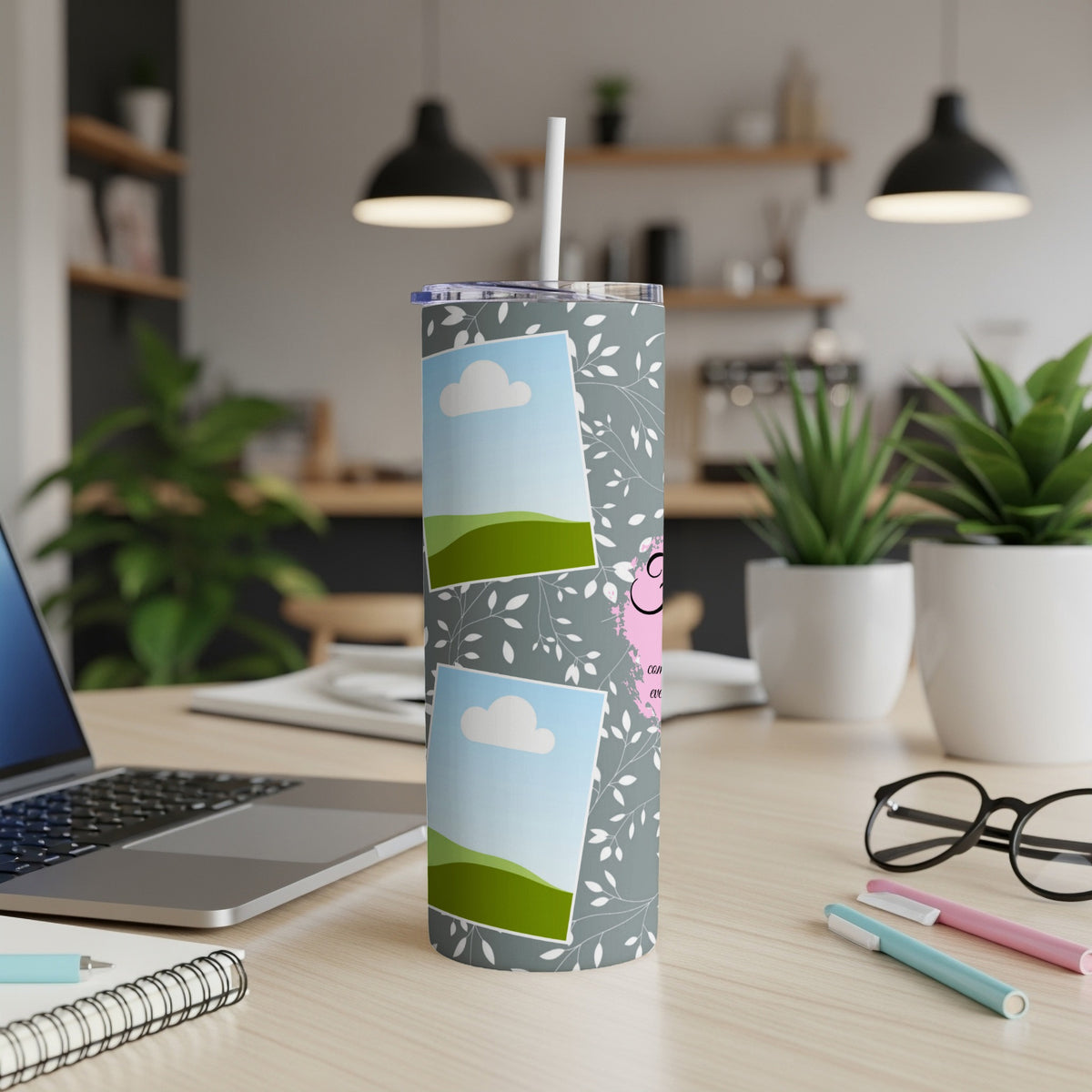 Tall tumbler with floral pattern, two photo placeholders, and pink monster graphic.