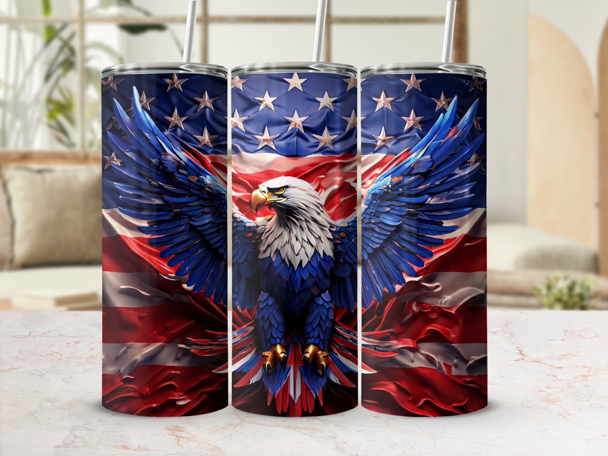 Tumbler with an eagle against the US flag.