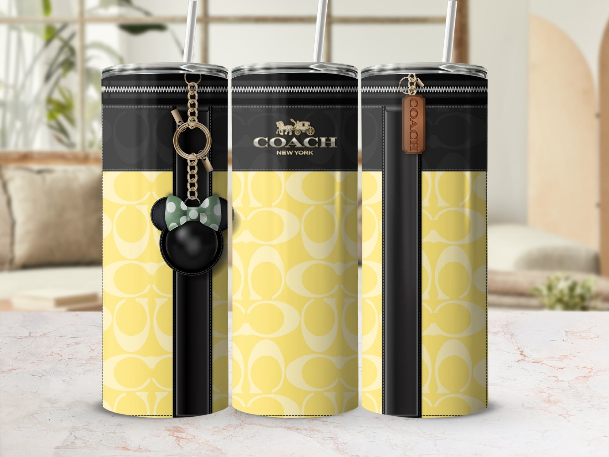 Stylish Yellow Coach Theme Tumbler with Keychain Accessory
