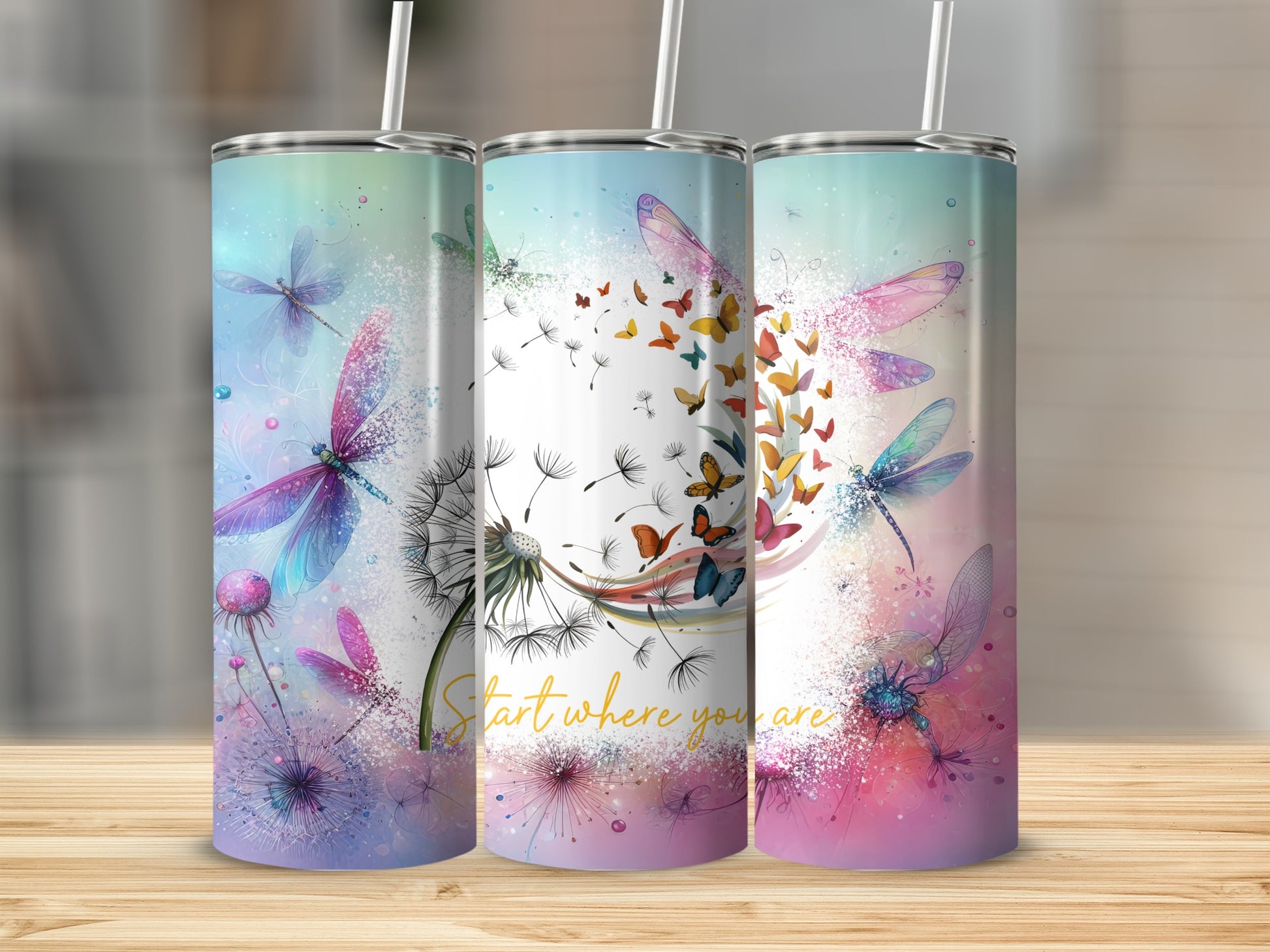 Dragonfly and Butterfly Design Tumbler with Straw