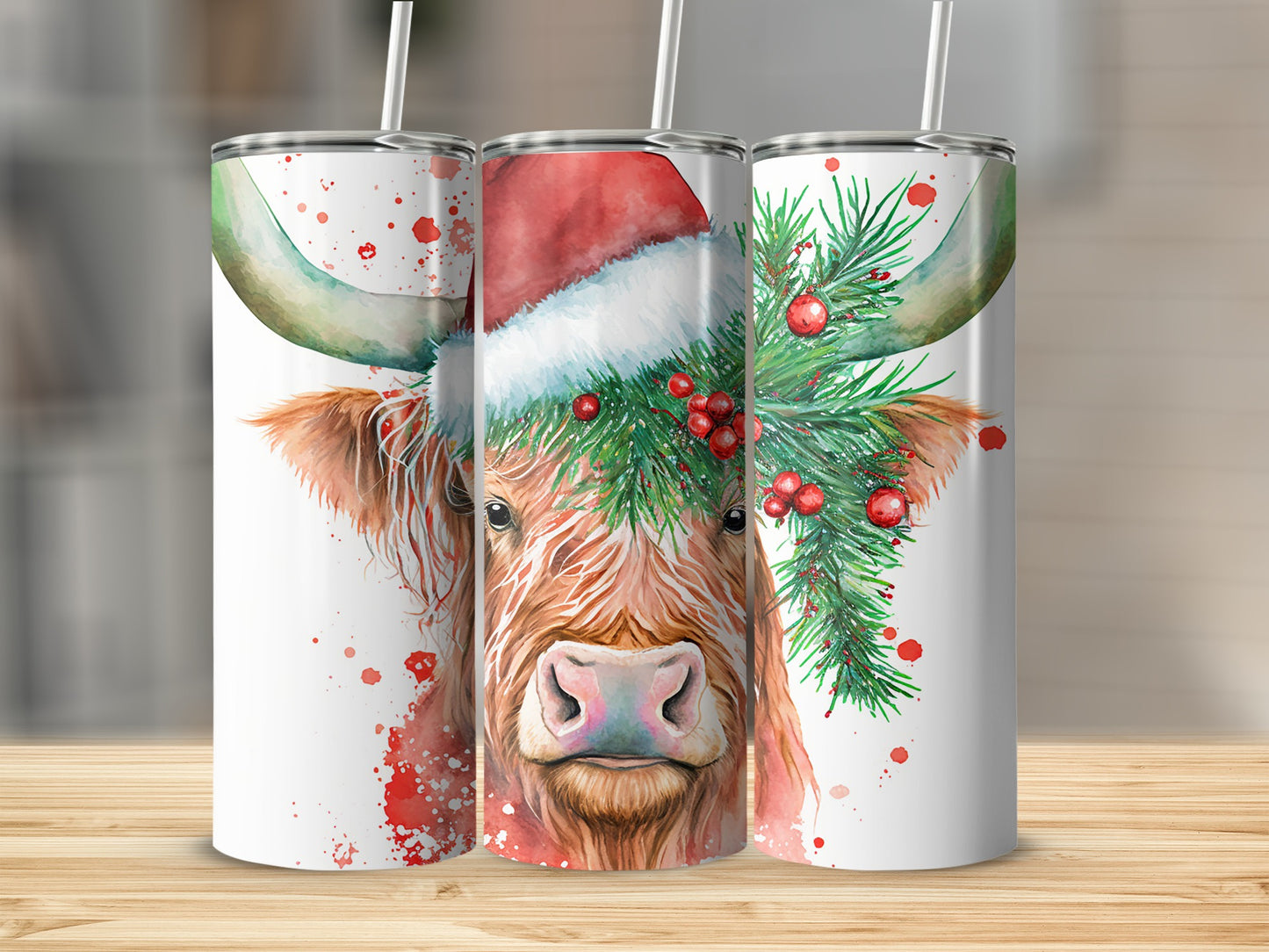 Watercolor Highland cow wearing a Santa hat with pine needles and berries.