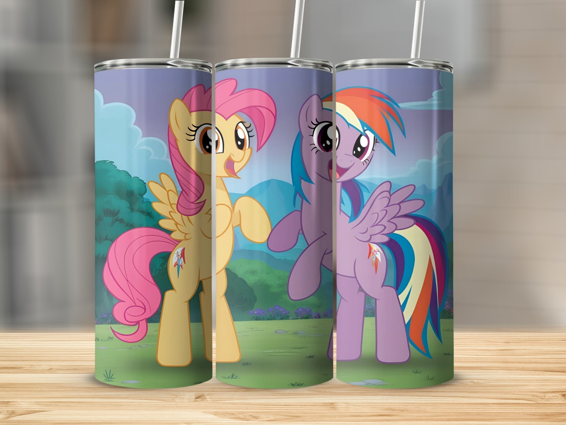 Two My Little Pony characters, Fluttershy and Rainbow Dash, on tumblers.