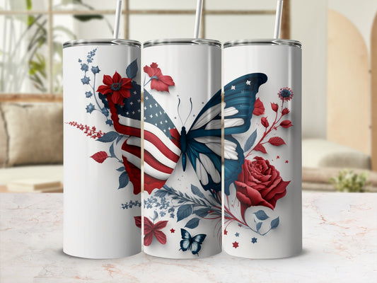 Three tumblers with patriotic butterfly and floral designs.