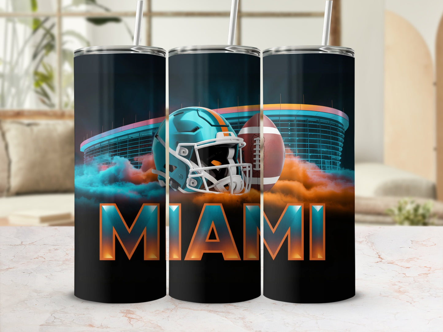Miami Dolphins football helmet and ball on stadium background.
