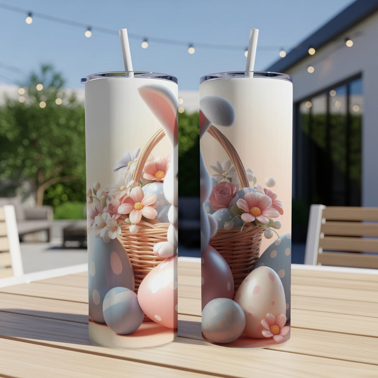 Easter basket design with eggs and bunnies on a white tumbler.
