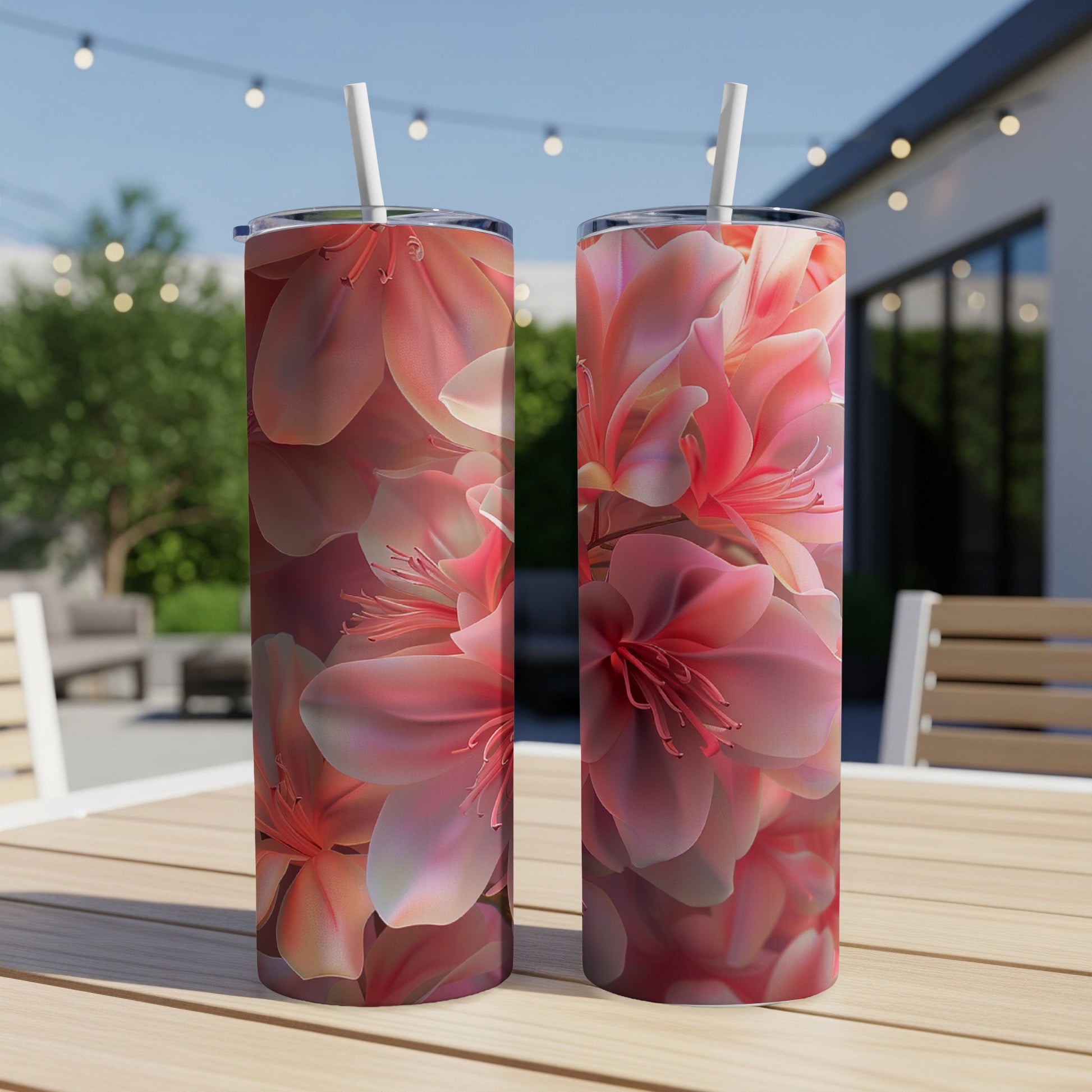 Two tumblers with a pink floral design on a wooden table.