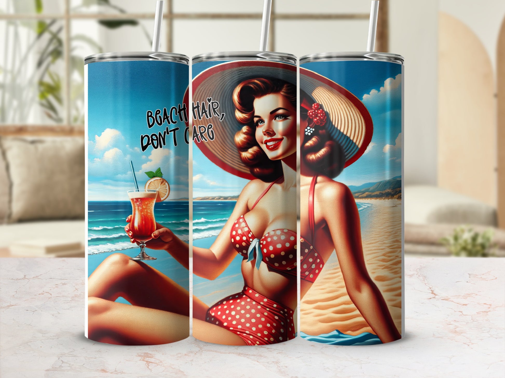 Woman in vintage swimsuit holding cocktail on beach, "Beach Hair, Don't Care" text.