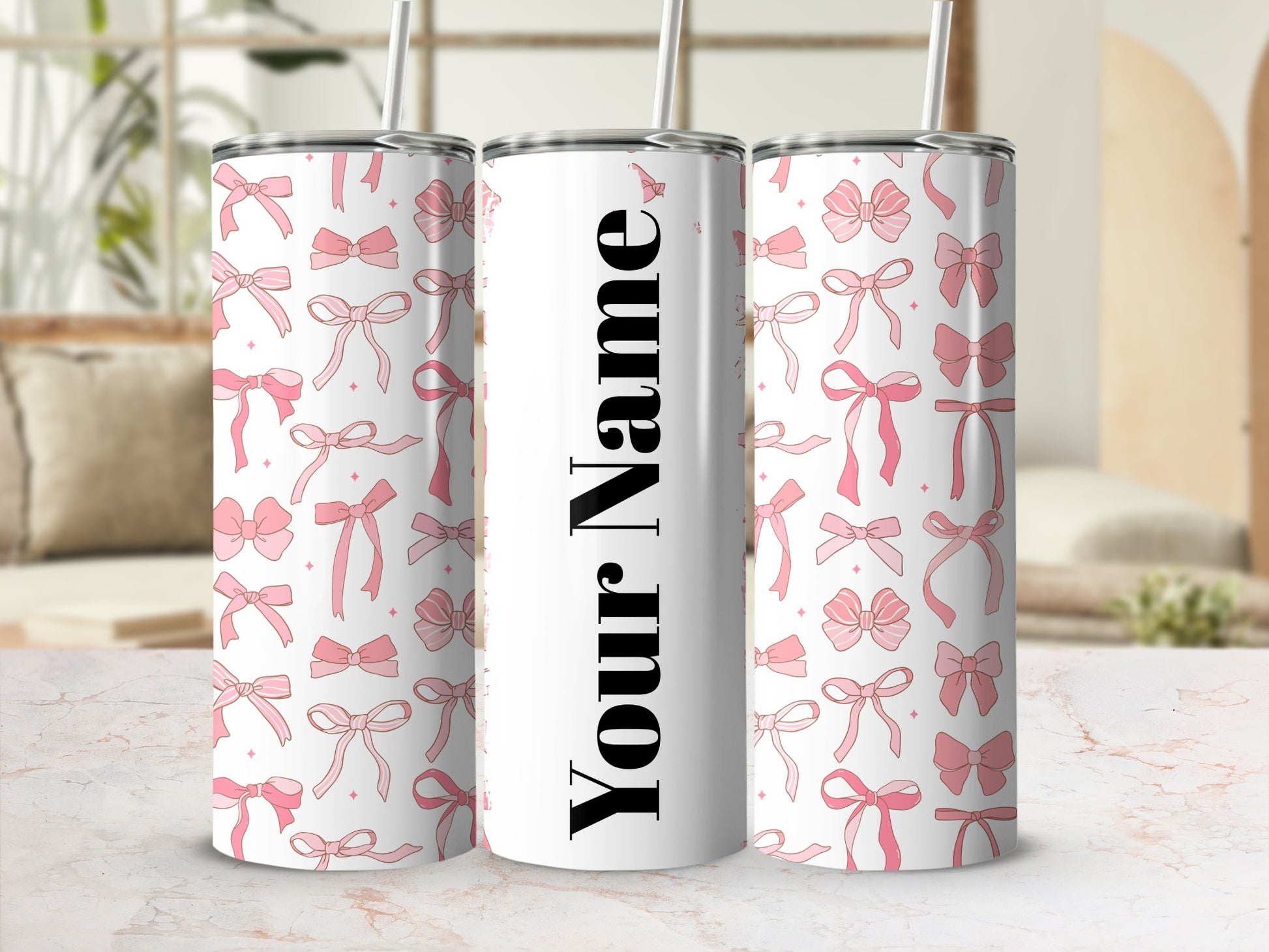 Personalized Pink Bow Pattern Designed Tumbler