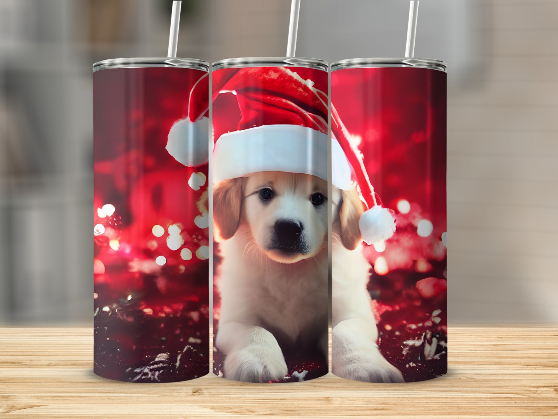 Golden retriever puppy wearing Santa hat, with blurred red bokeh lights.