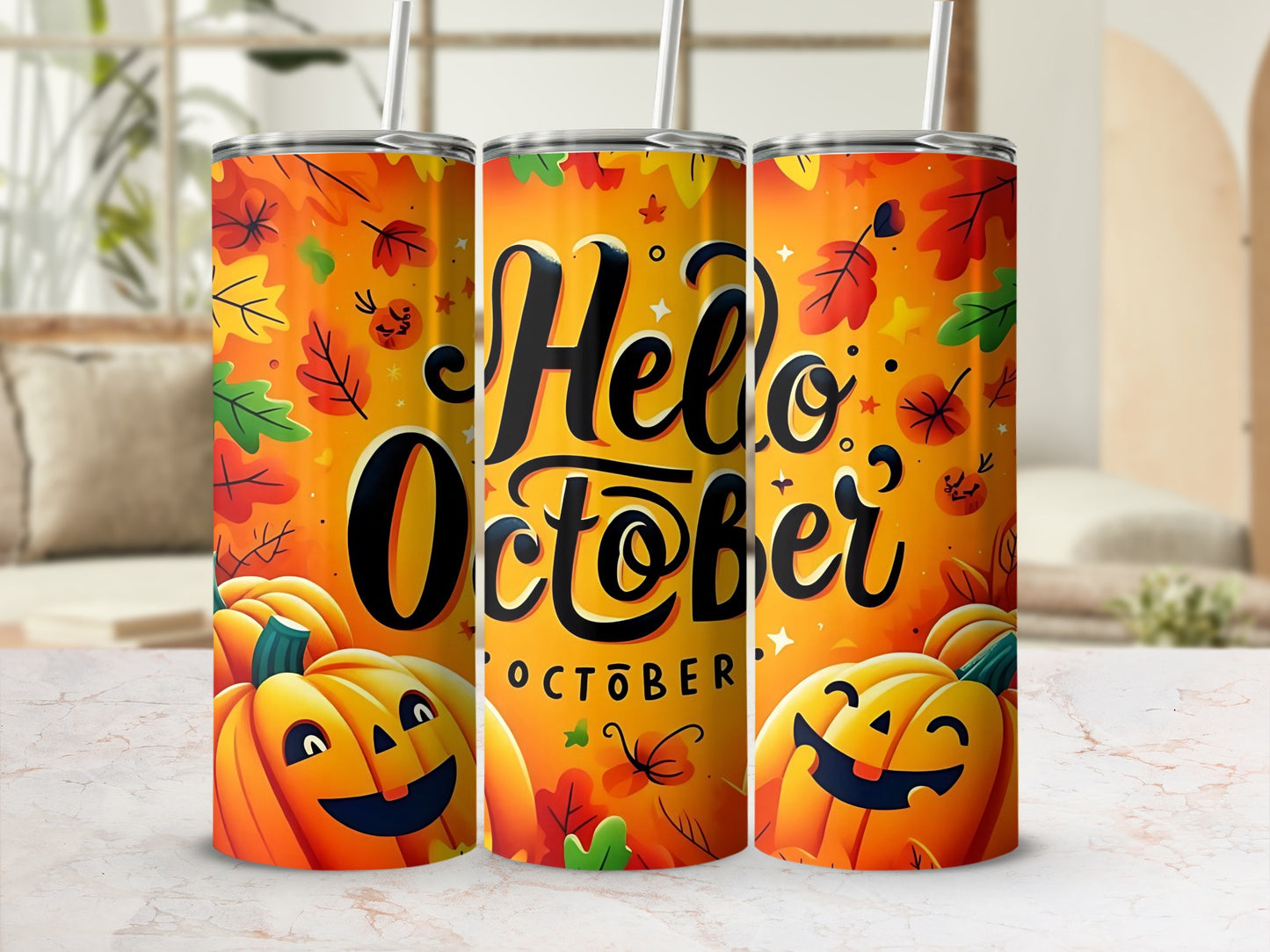 Three tumblers with "Hello October" text, pumpkins, and autumn leaves.