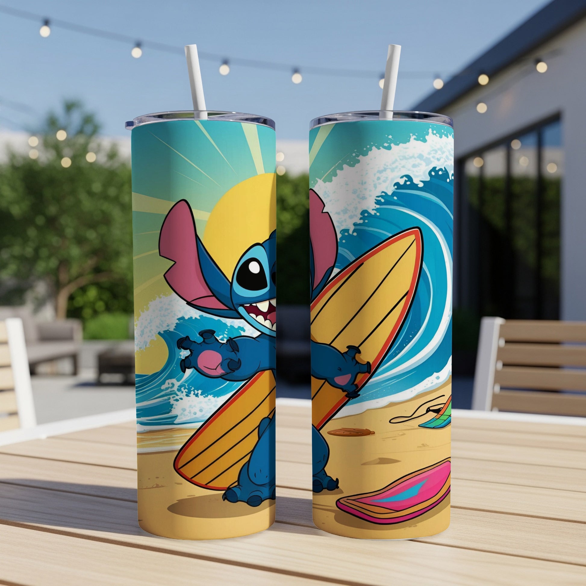 Stitch character surfing a wave on a bright, sunny beach, printed on two tall tumblers.