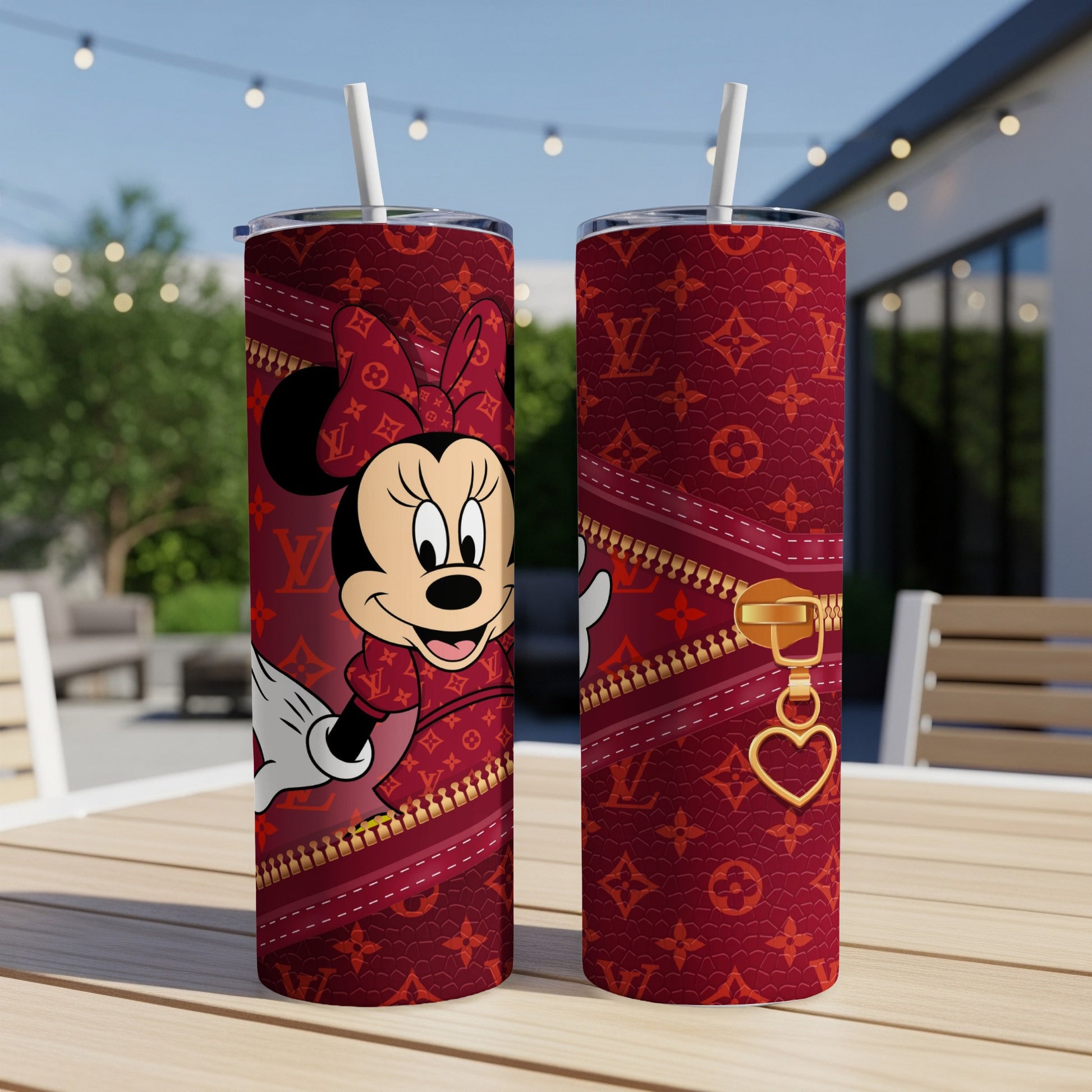 Minnie Mouse on red Louis Vuitton pattern tumbler with zipper detail.