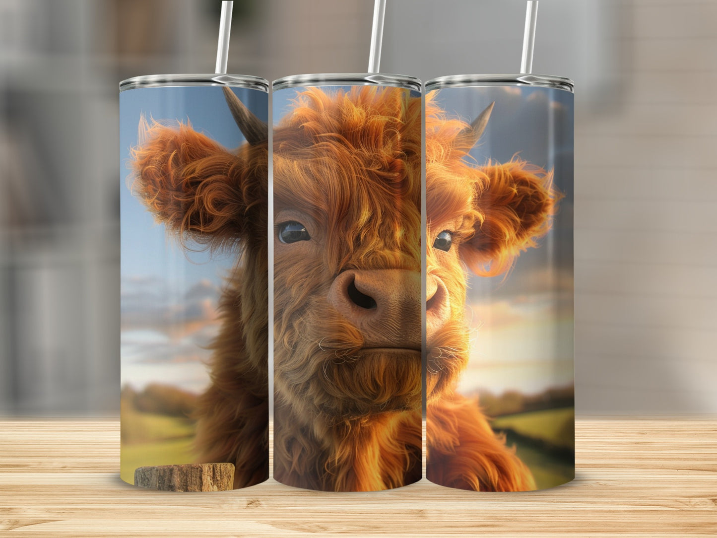 Highland cow illustration on a tumbler with straw, set against a blurred grassy field.