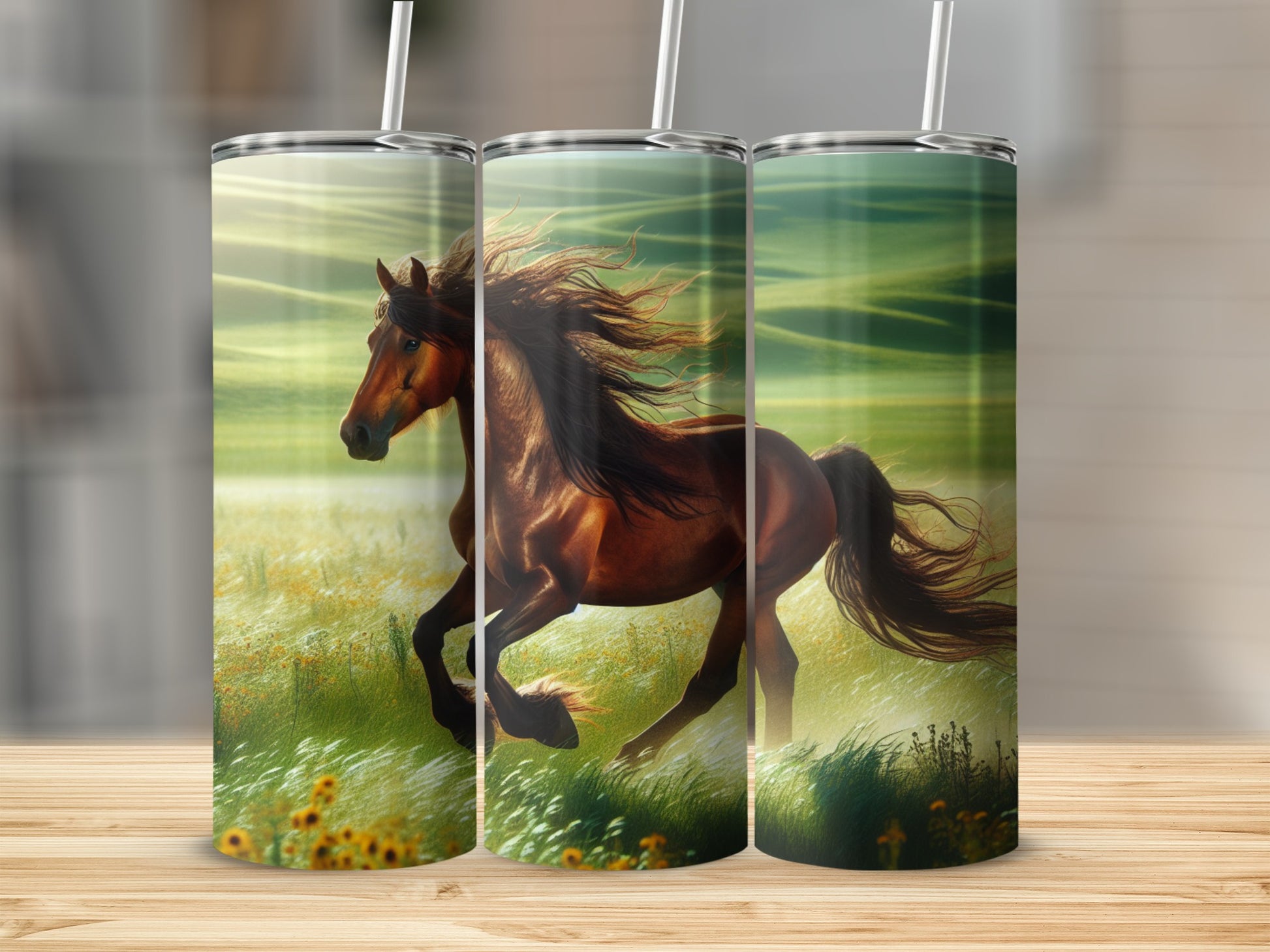 Brown horse running through a sunlit grassy field.