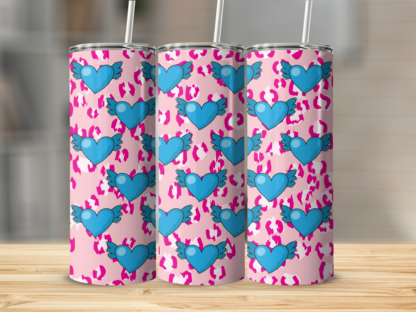 Pink Leopard Print Blue Winged Hearts Pattern product type