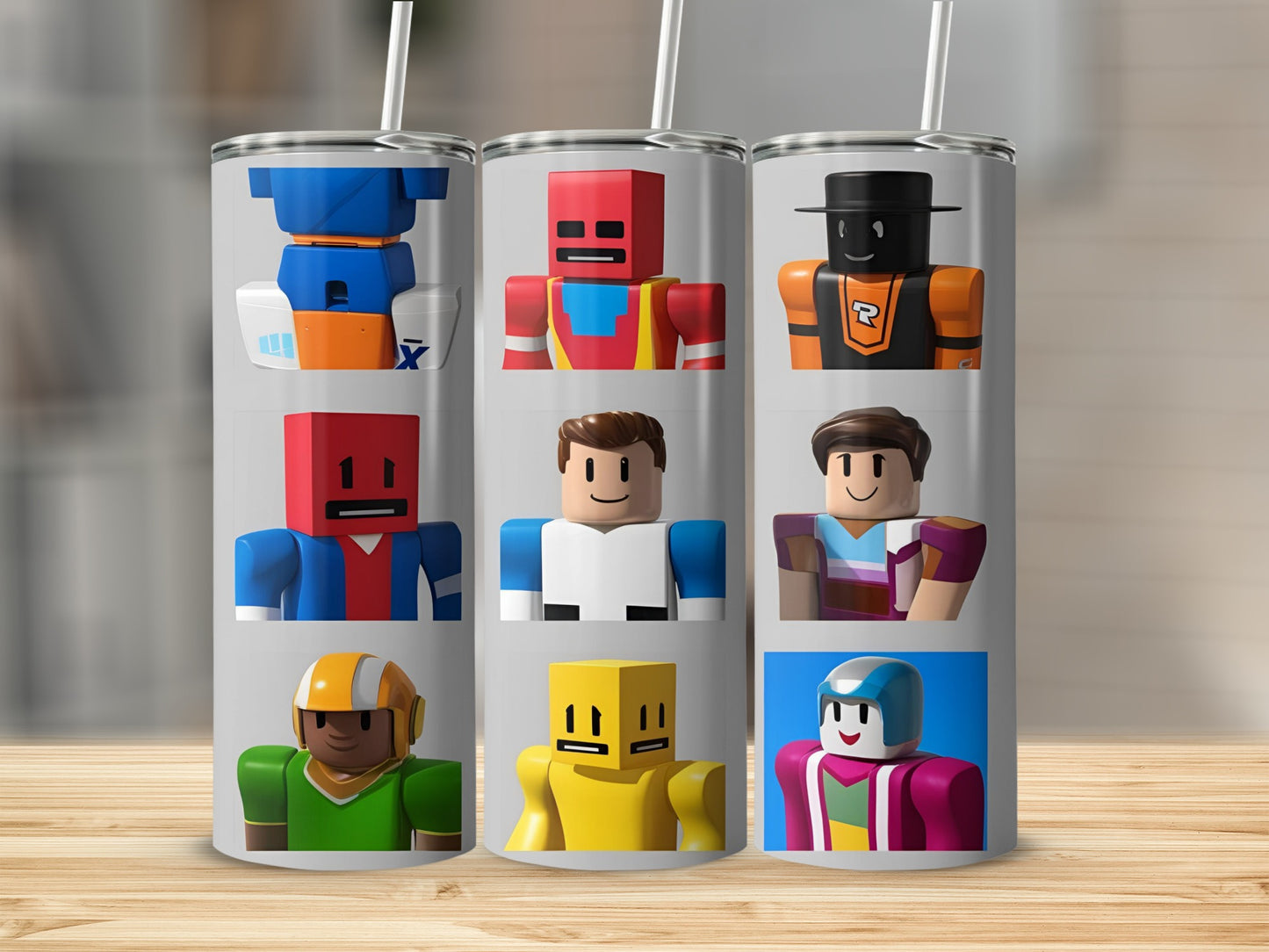 Three Roblox characters in colorful outfits displayed on tumblers.